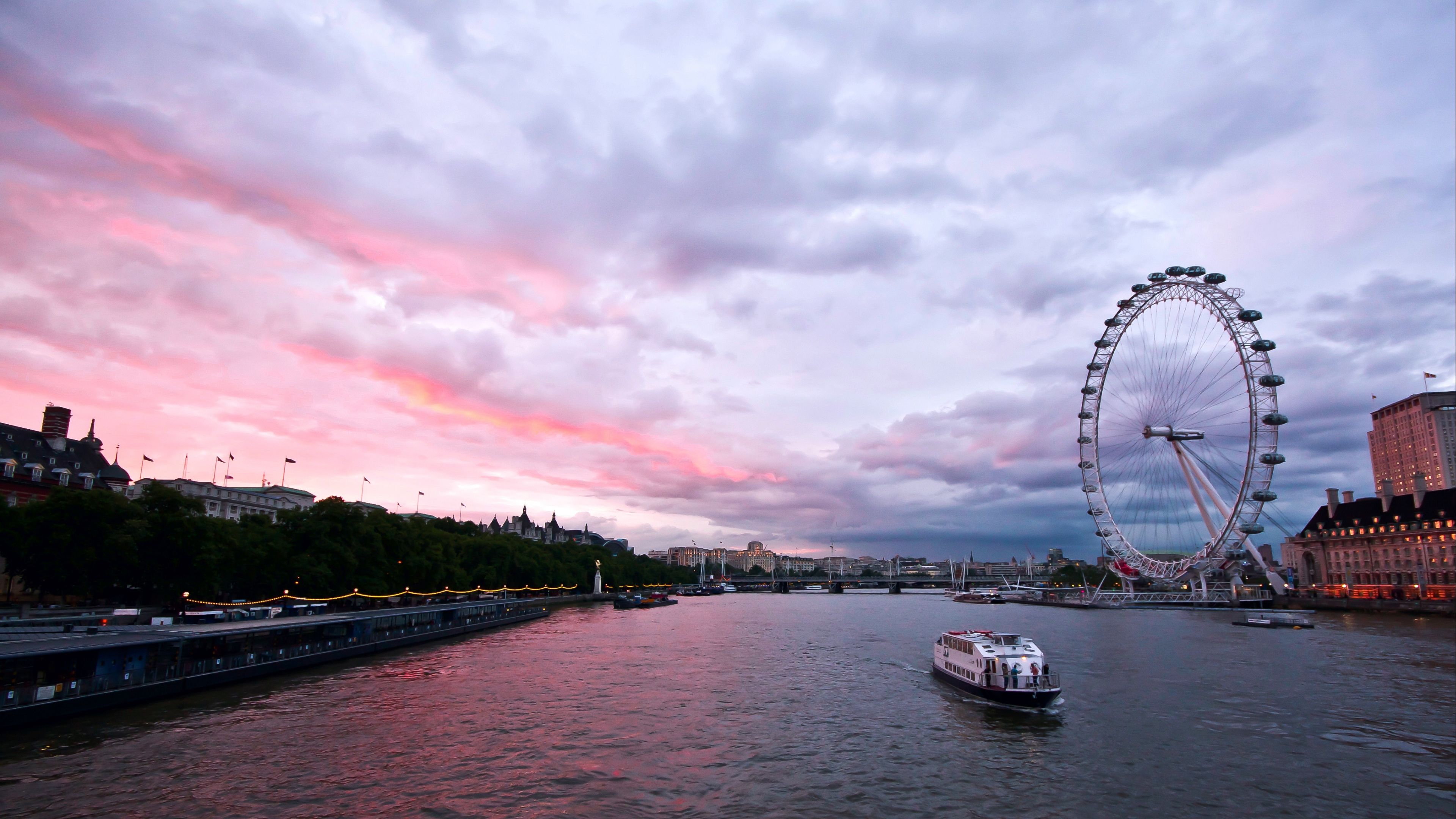 Wallpaper 4k uk, england, london, capital, ferris wheel, night, building, architecture, promenade, river, thames, sky, clouds 4k England, London, uk