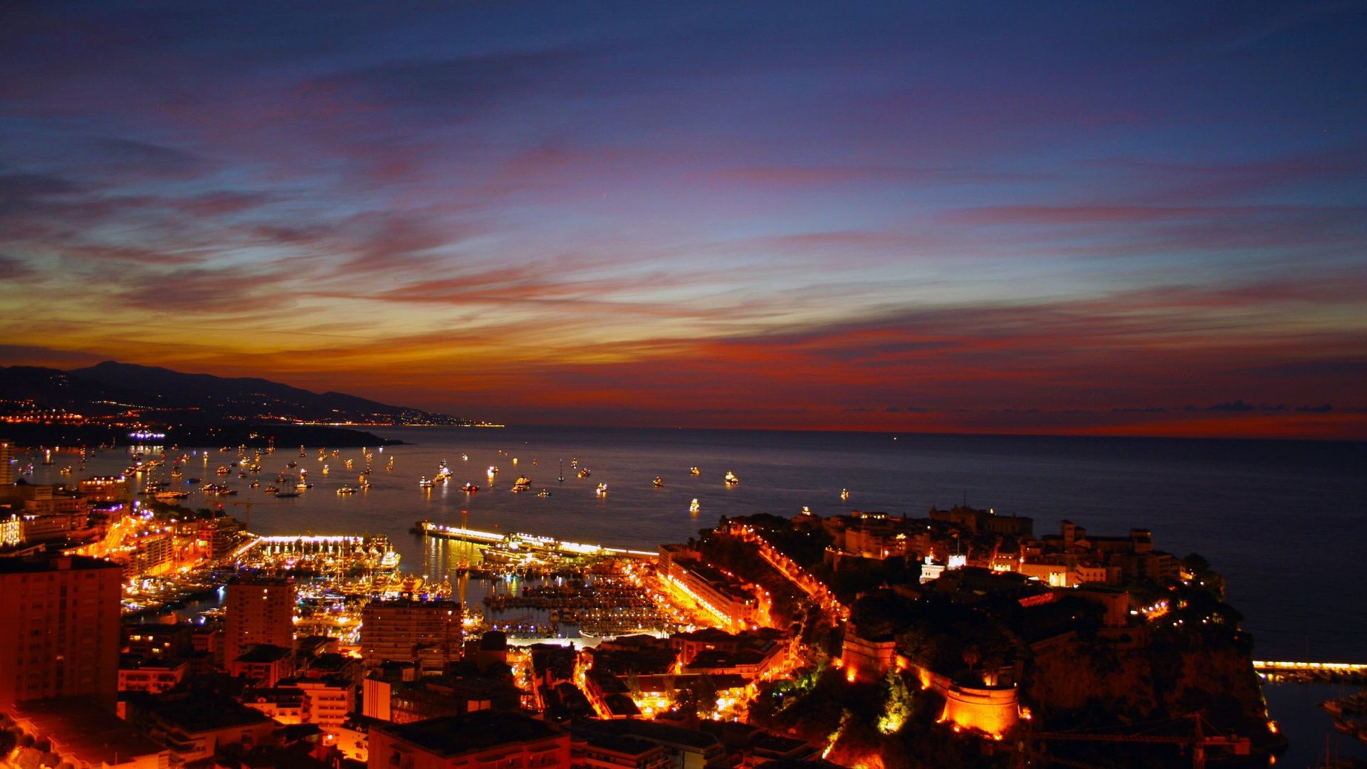 Wallpaper Monaco, Monte Carlo, night, city, port, lights, boats 1920x1080 Full HD 2K Picture, Image