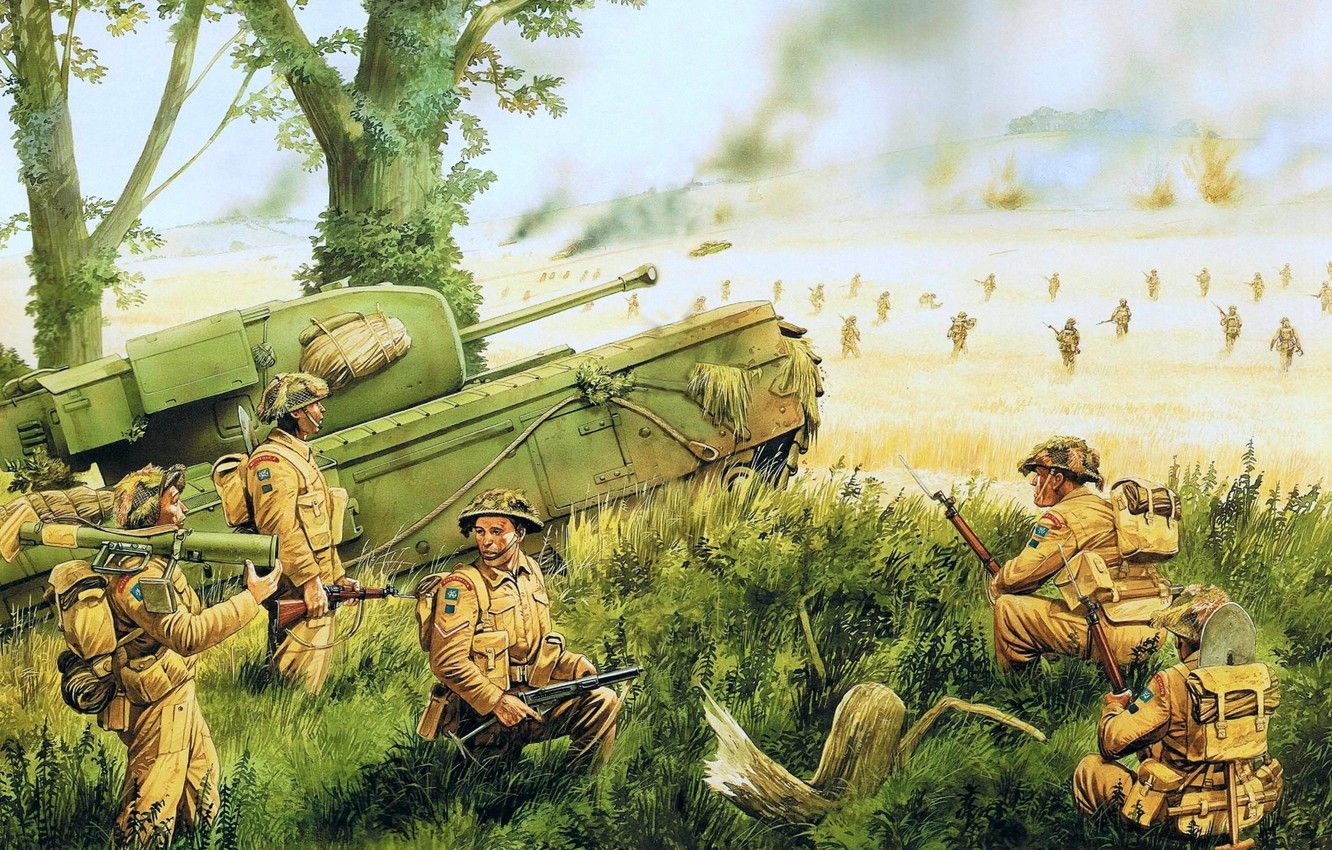 Wallpaper Art, Artist, Soldiers, Tank, WW Churchill, Infantry, Infantry Tank, The Battle For Caen, The Battle For Caen, The 31st Armoured Brigade, Mk IV Churchill, 28 Jun 1944., Supports The Infantry, The Royal