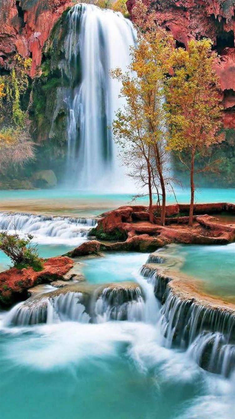 Nature Autumn Waterfall Landscape iPhone 8 Wallpaper Free Download