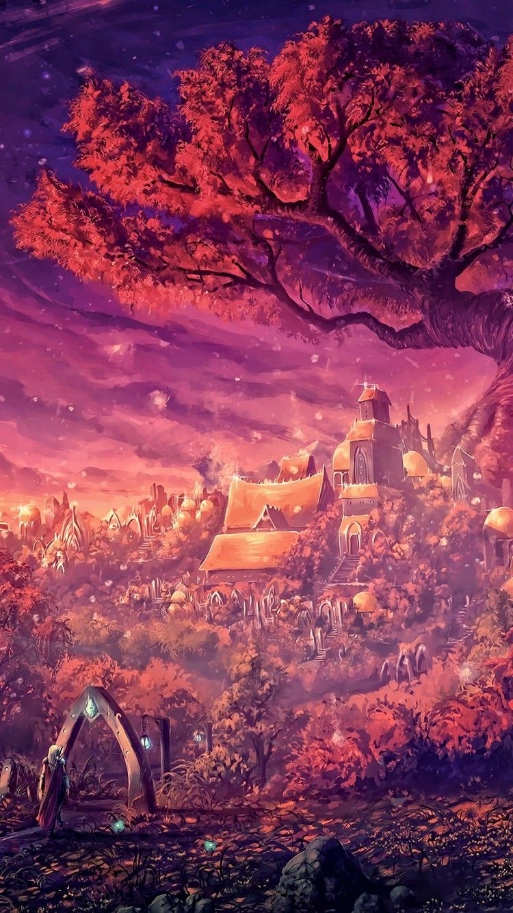 Download 750x1334 Fantasy Landscape, Village, Sacred Tree, Tablets, Magical, Autumn Wallpaper for iPhone iPhone 6