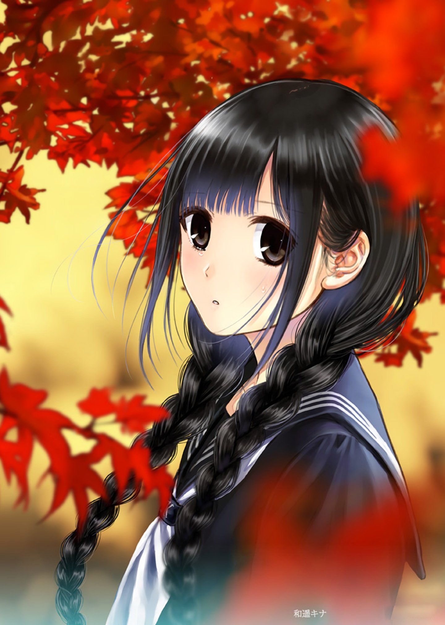 Original anime girl school uniform red leaves autumn cute beautiful dress long hair wallpaperx2020