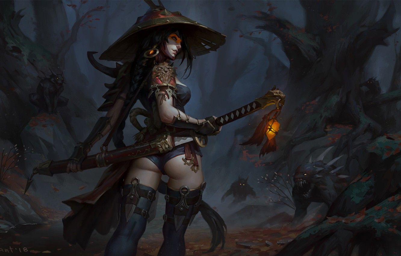 Wallpaper Girl, Figure, Sword, Demons, Art, Art, Hunter, Katana, hunter, Demon, Demon hunter, The demon hunter, Dmitry Skvortsov, by Dmitry Skvortsov image for desktop, section прочее