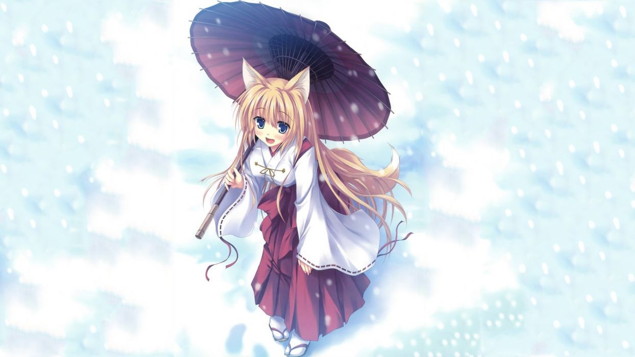 Blondes winter snow blue eyes long hair animal ears Miko sandals anime umbrellas Japanese clothes snowing kitsunemimi wallpaperx1080