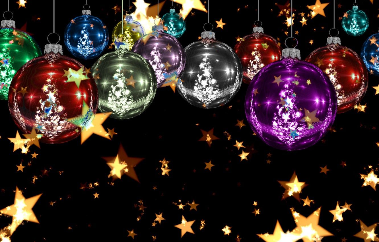 Wallpaper stars, balls, decoration, lights, background, holiday, bright, toys, graphics, Shine, new year, Christmas, tree, gold, black background, colorful image for desktop, section новый год