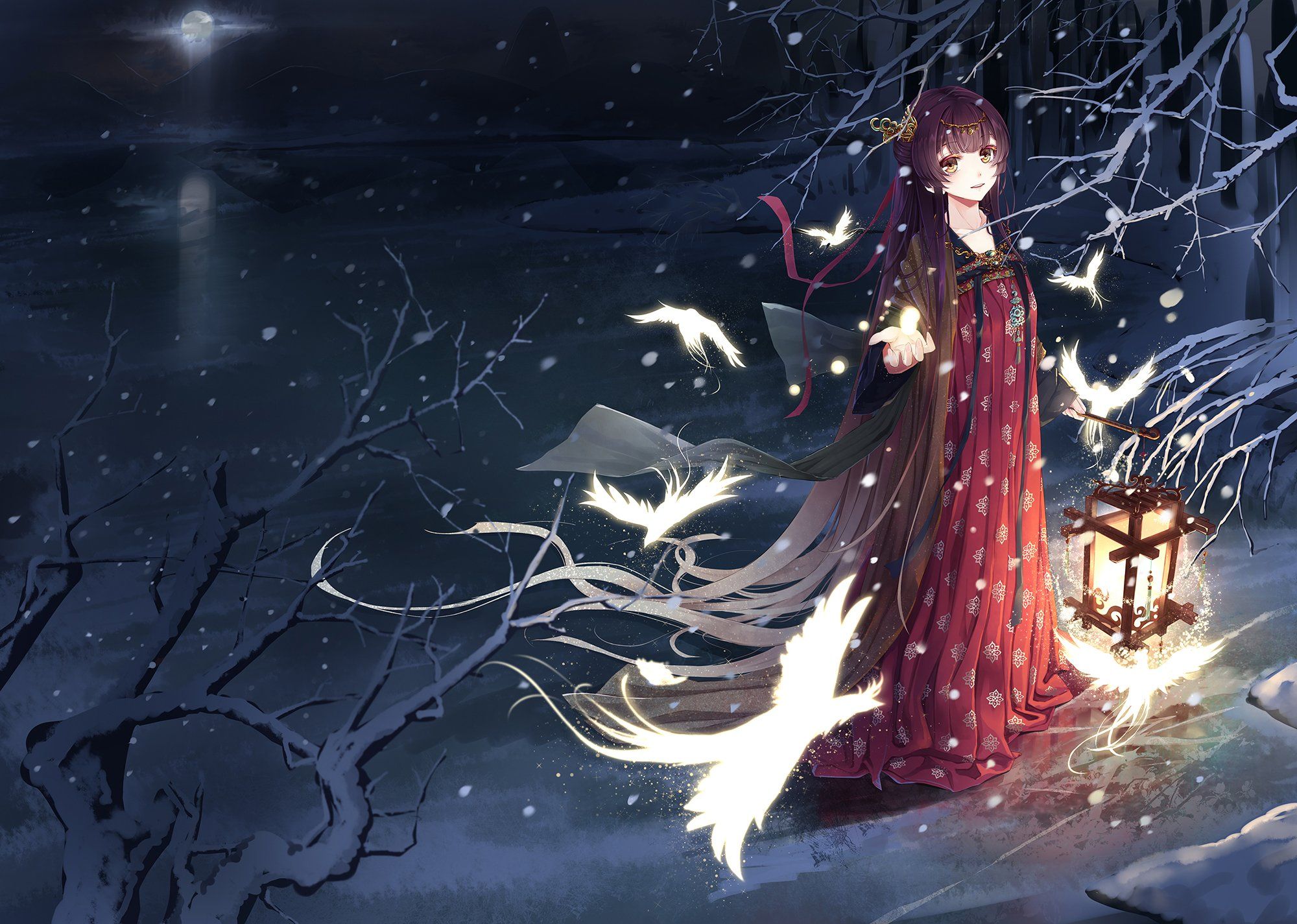 Original anime girl magic bird tree snow winter red dress beautiful wallpaperx1425