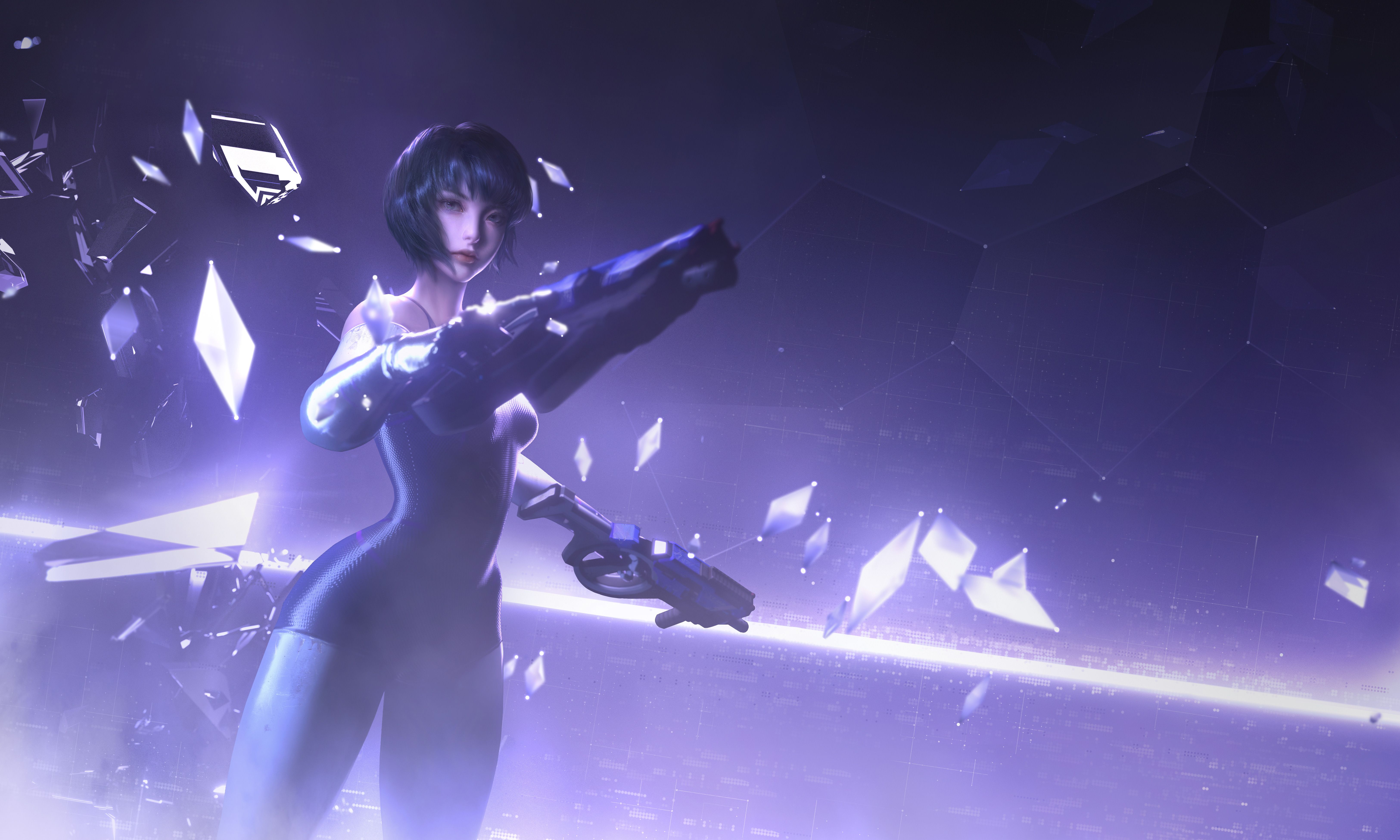 Futuristic Cyber Hunter Women Gun Purple Wallpaper:6500x3900