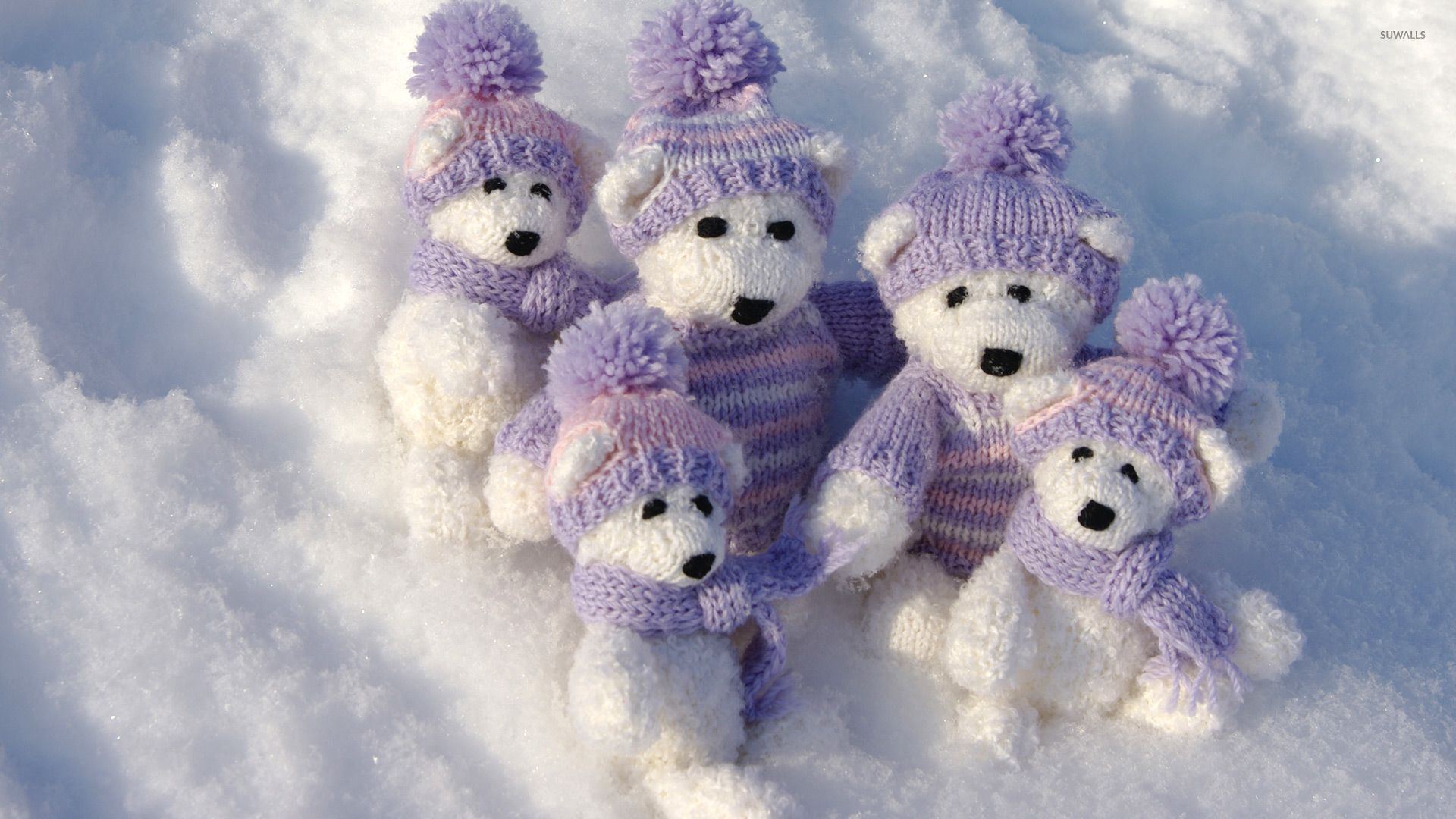 White teddy bears with purple clothes on the snow wallpaper wallpaper
