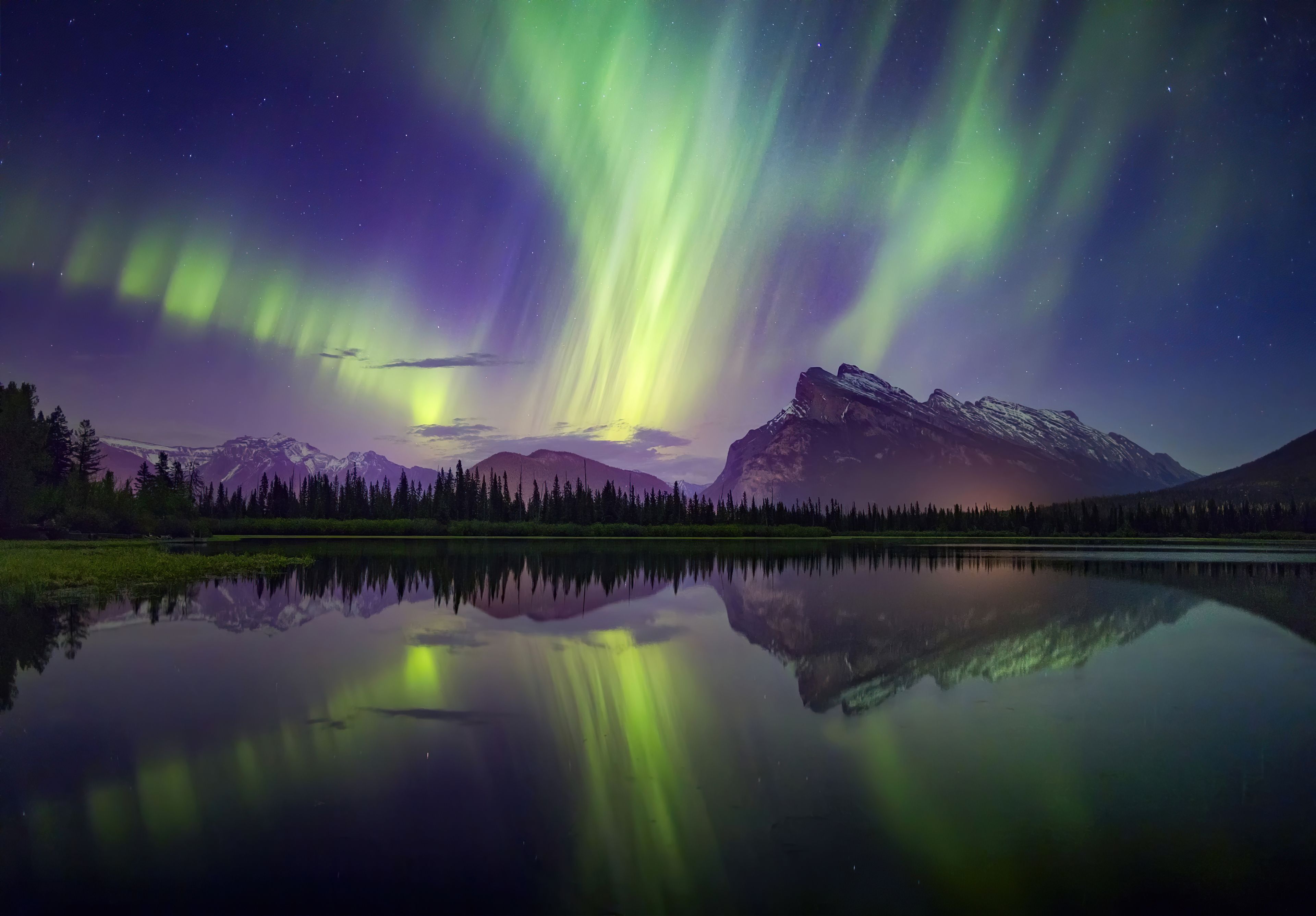 Aurora Borealis Mountains Lake Reflection Banff National Park, HD Nature, 4k Wallpaper, Image, Background, Photo and Picture