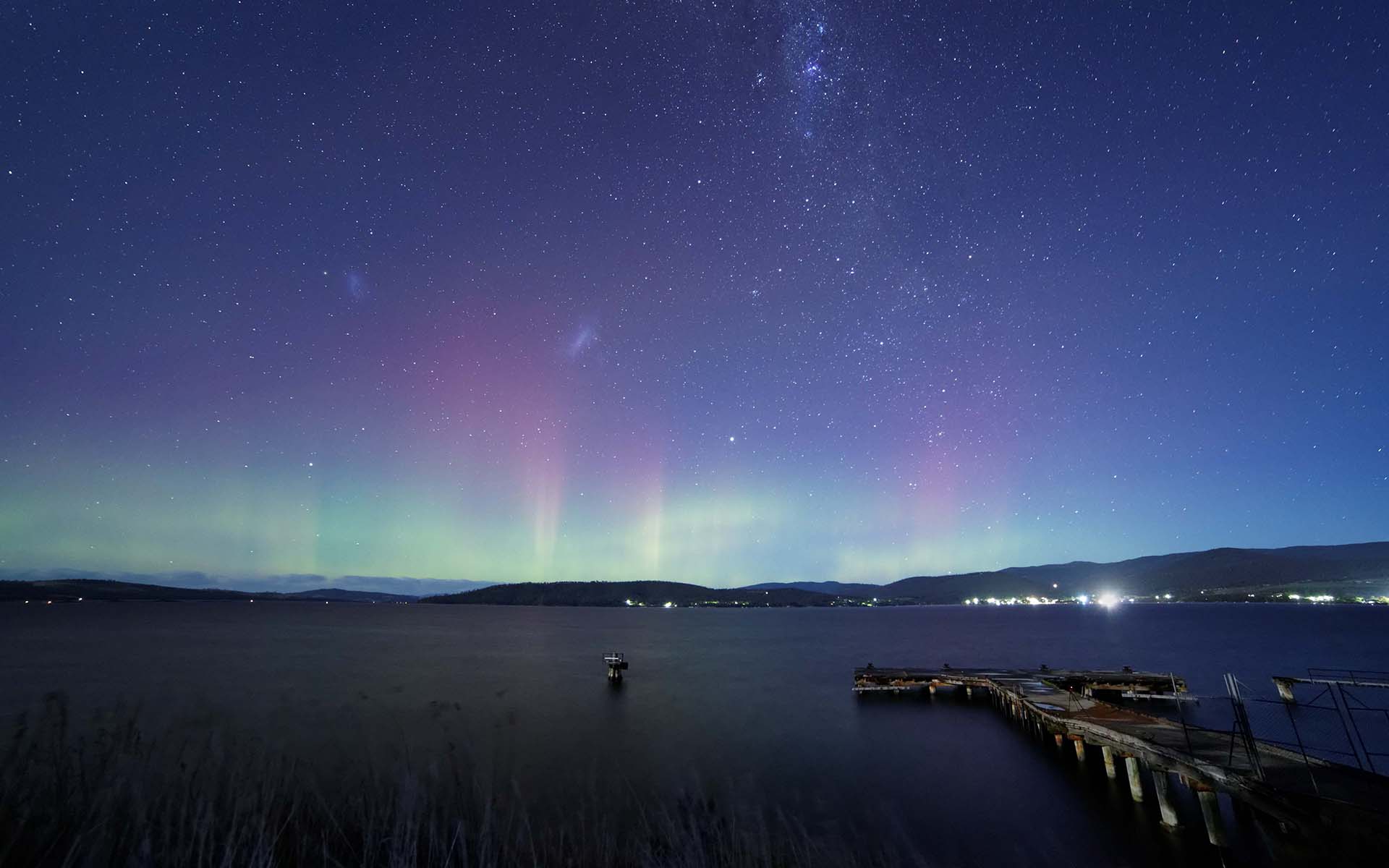 Aurora Borealis Northern Lights Night Stars Lakes Dock sky wallpaperx1200