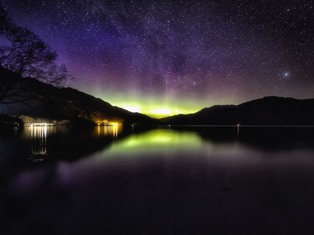 Desktop wallpaper nature, lake, aurora, starry sky, night, HD image, picture, background, 65ae5d