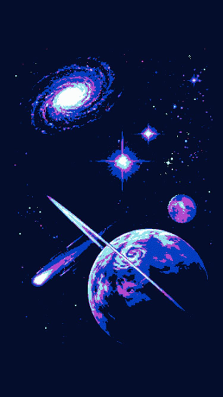 Outer space, Space, Electric blue, Design, Astronomical object, Graphic design. Space art, Pixel art, Pixel art background