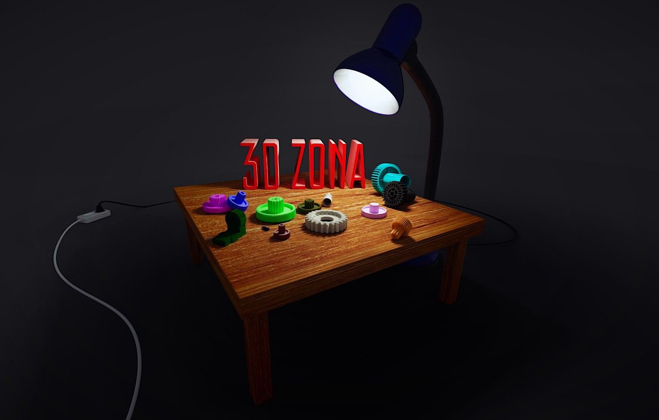 Wallpaper lamp, gear, 3D render, on a dark background, 3D printers image for desktop, section рендеринг