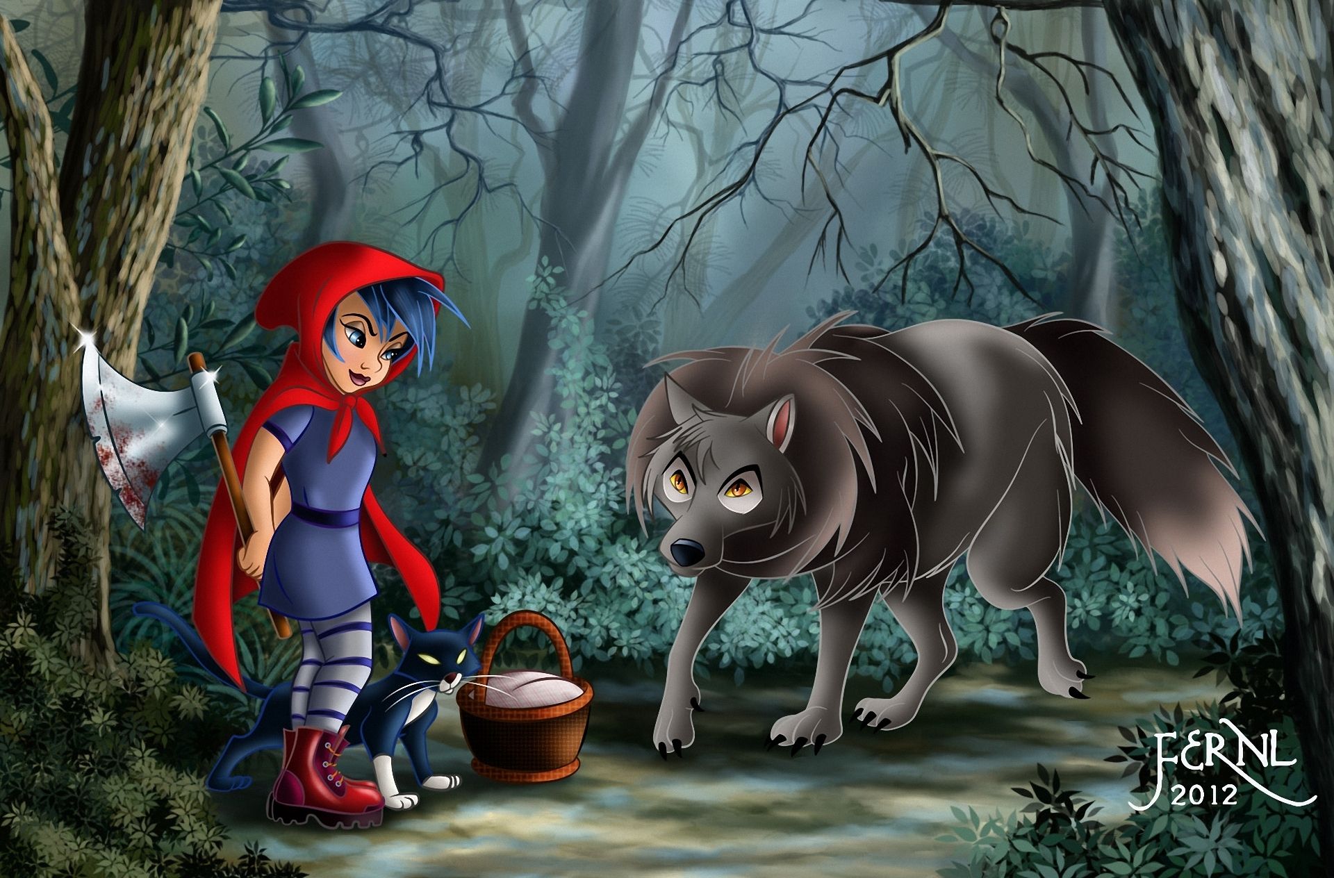 Little girl, wolf, red hood Desktop wallpaper 1366x768