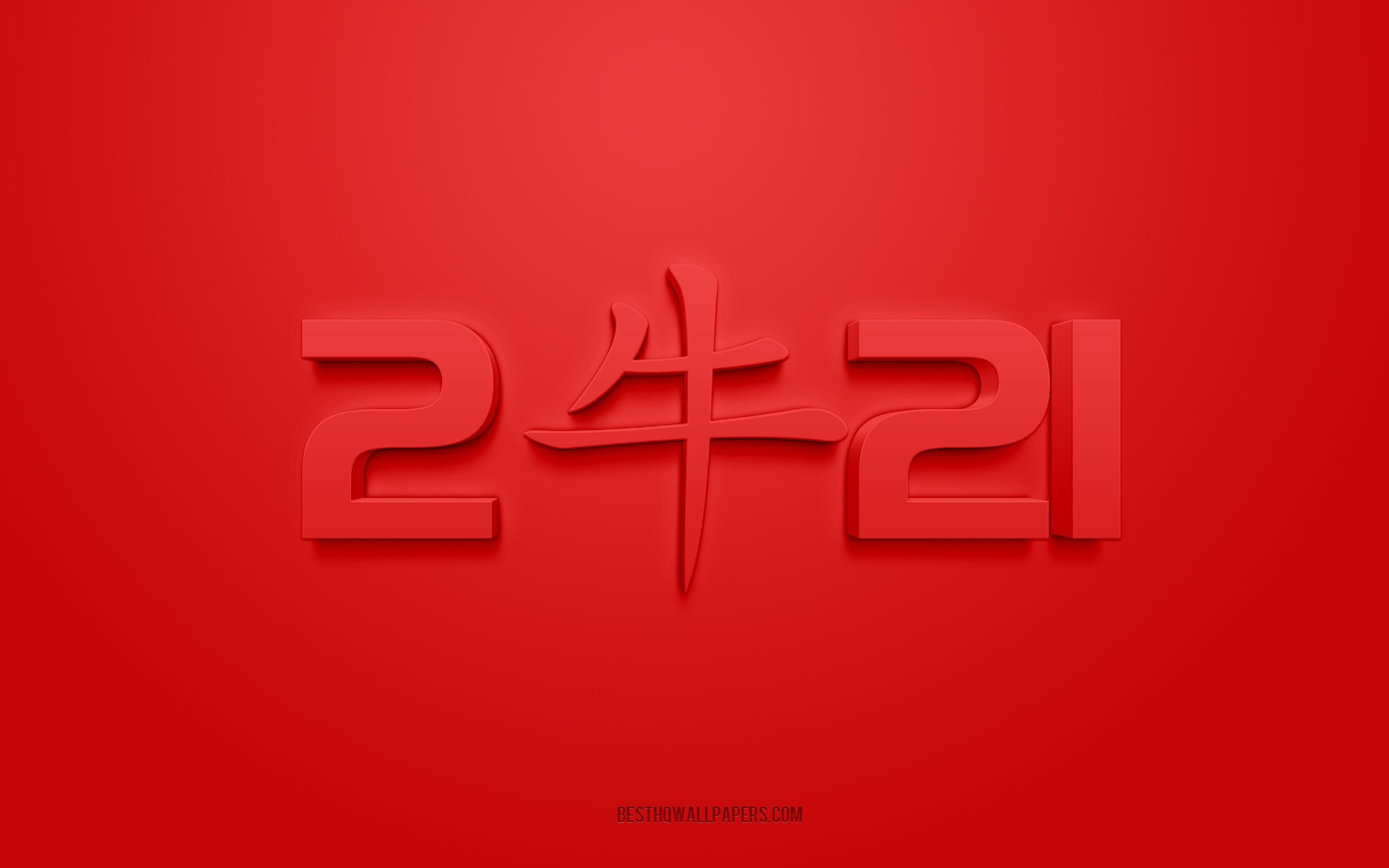 Download wallpaper 2021 New Year, Chinese calendar, 2021 Ox year, Ox hieroglyph, Happy New Year Red 2021 3D background, Ox 2021 background for desktop with resolution 2560x1600. High Quality HD picture wallpaper