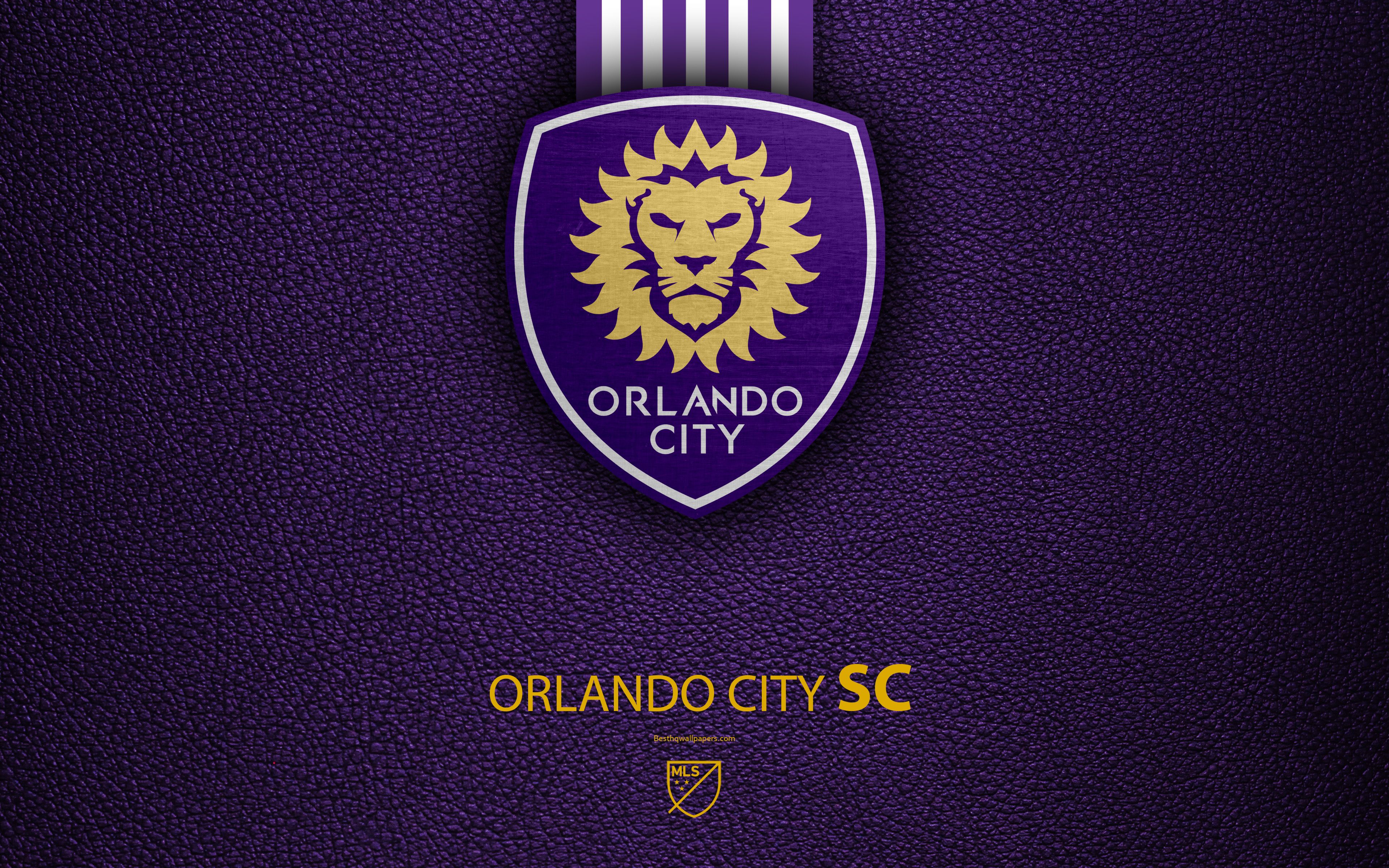 Download wallpaper Orlando City FC, 4K, American soccer club, MLS, leather texture, logo, emblem, Major League Soccer, Orlando, Florida, USA, football, MLS logo for desktop with resolution 3840x2400. High Quality HD picture