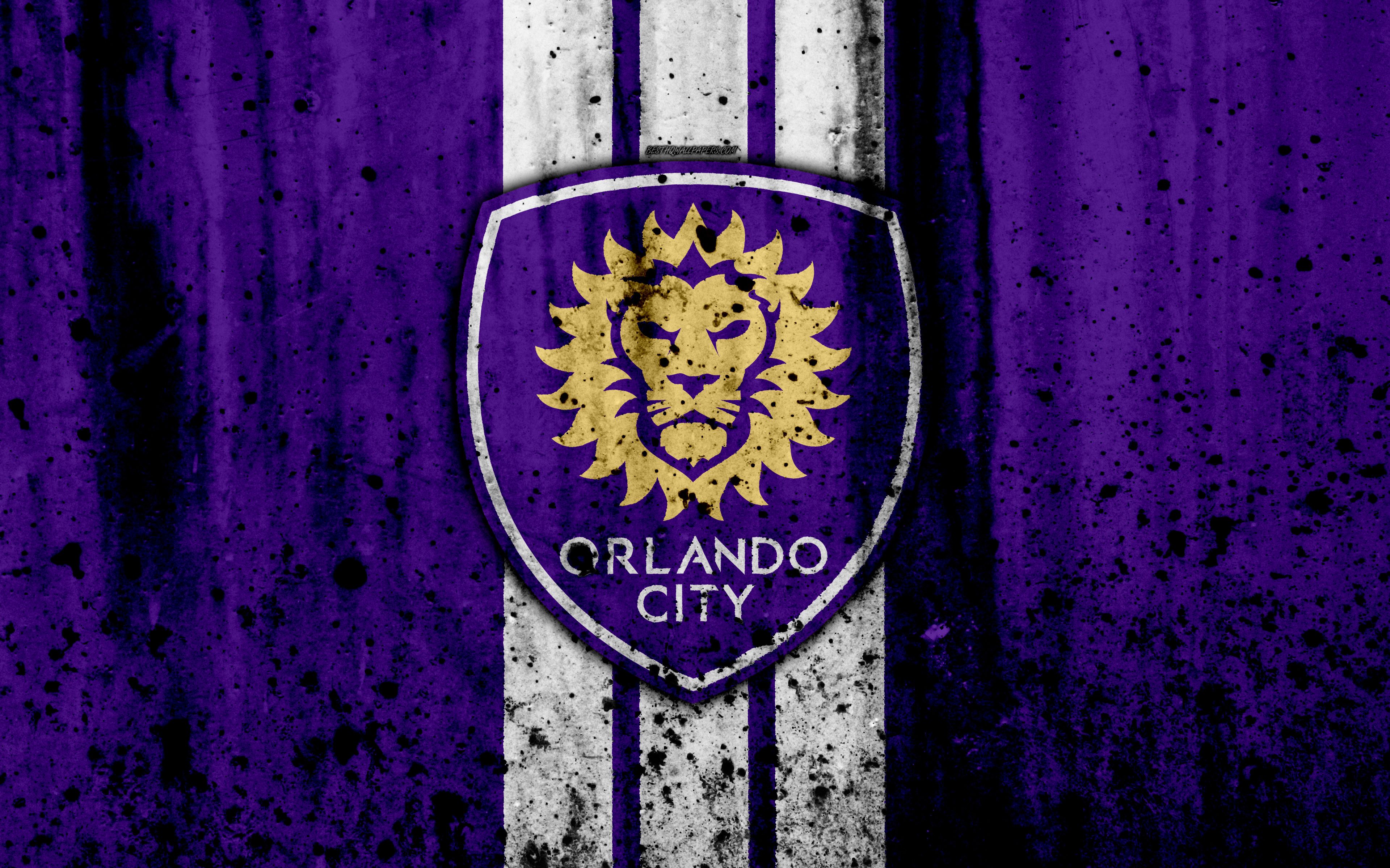 Download wallpaper 4k, FC Orlando City, grunge, MLS, art, Eastern Conference, football club, USA, Orlando City, soccer, stone texture, logo, Orlando City FC for desktop with resolution 3840x2400. High Quality HD picture