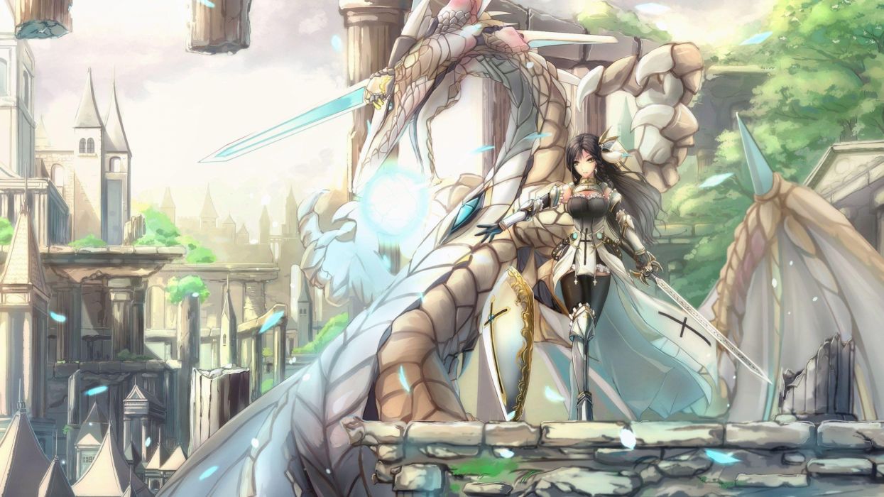 Warrior anime girl with her dragon wallpaperx1440