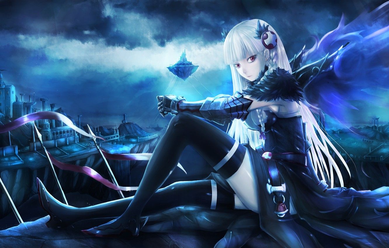 Wallpaper girl, the city, wings, art, sitting, valkyrie, mazeka, aka, puzzle & dragons image for desktop, section прочее