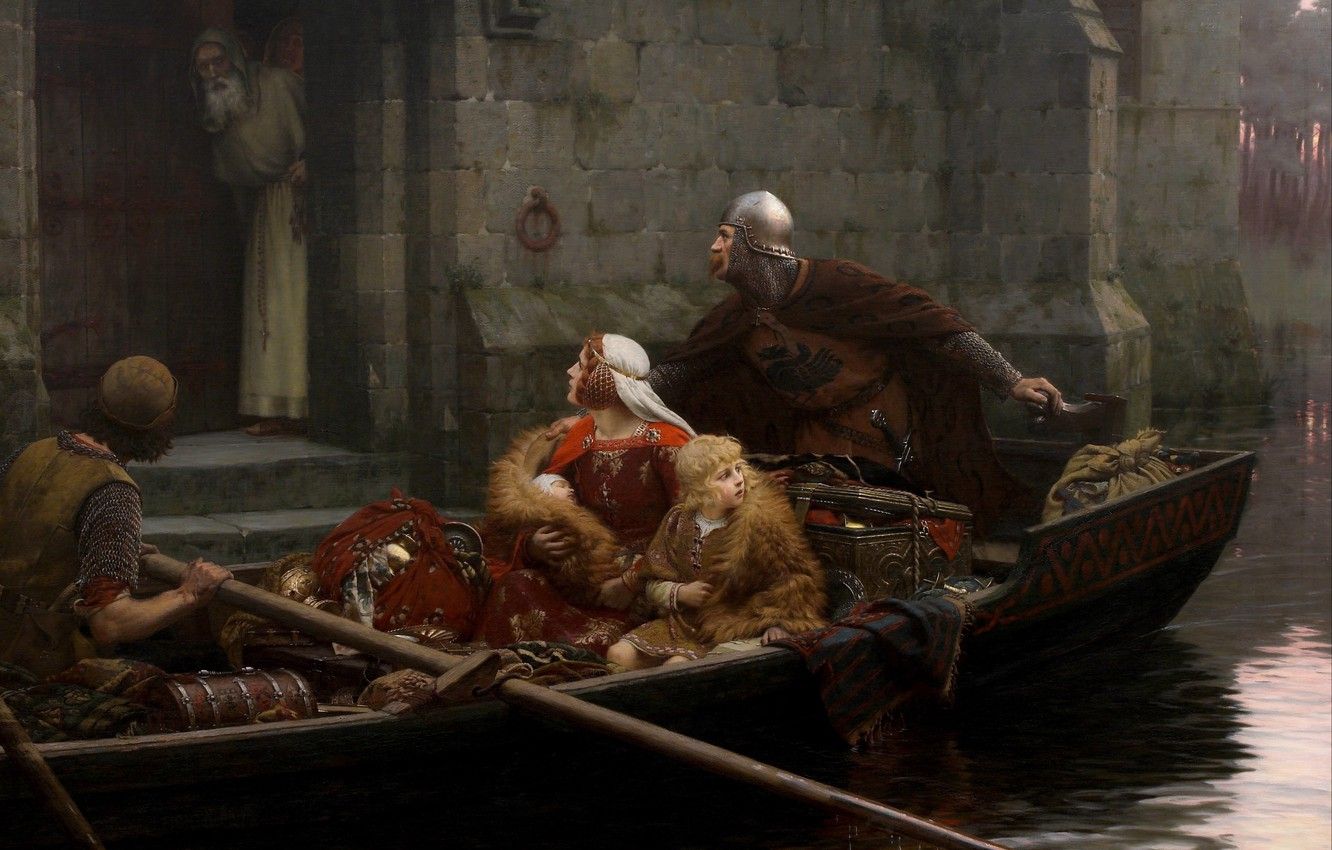 Wallpaper river, castle, woman, boat, picture, boy, the old man, knight, river, child, woman, boy, baby, castle, Middle Ages, picture image for desktop, section живопись