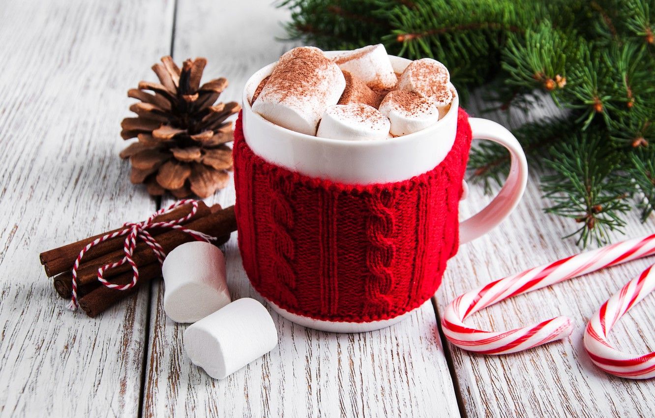 Wallpaper Decoration, New Year, Christmas, Christmas, Wood, Cup, Merry, Cocoa, Decoration, Fir Tree, Hot Chocolate, Marshmallow, Fir Tree Branches, Marshmallows Image For Desktop, Section новый год