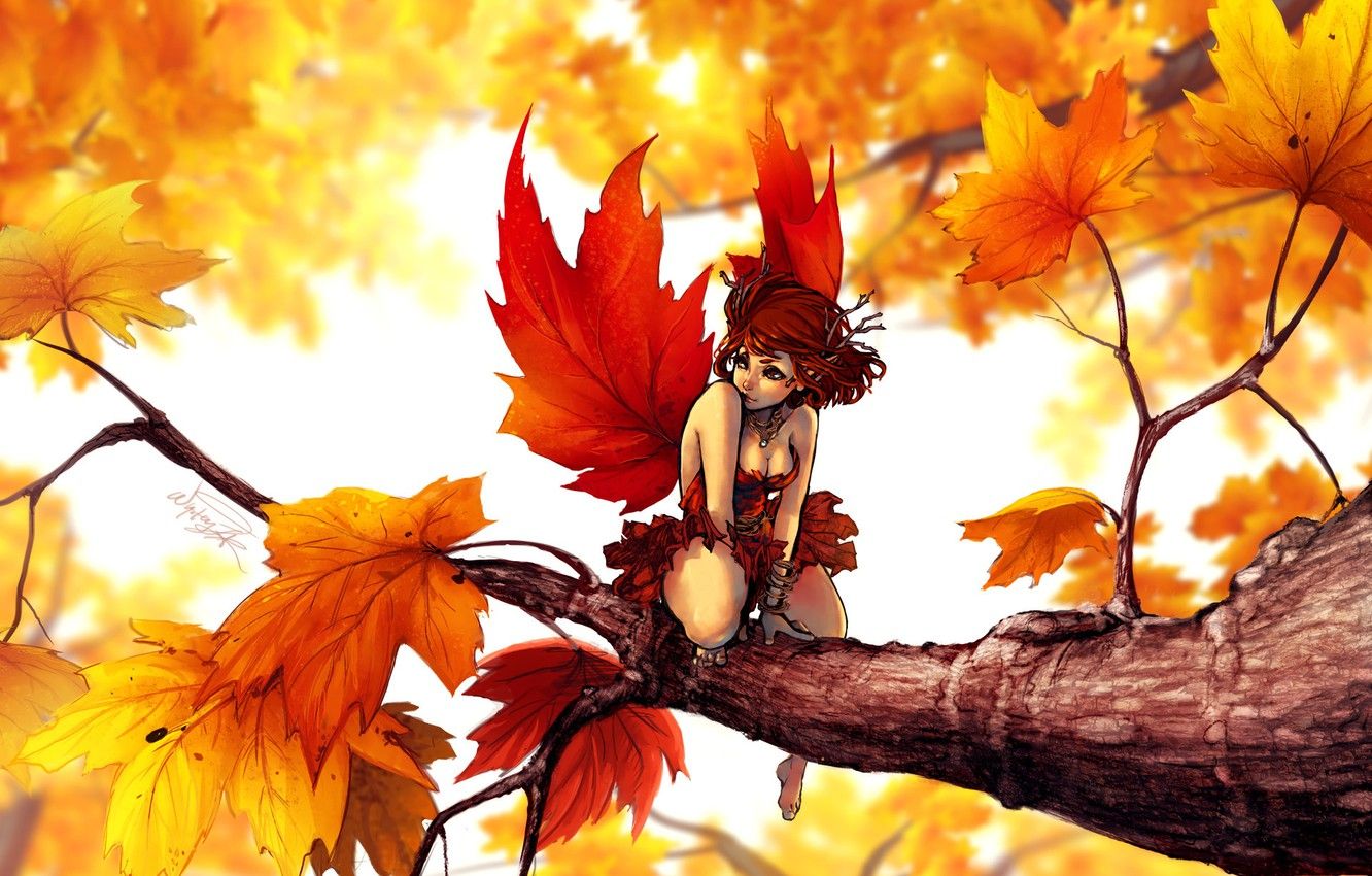 Wallpaper autumn, girl, fantasy, art, maple, fake image for desktop, section прочее