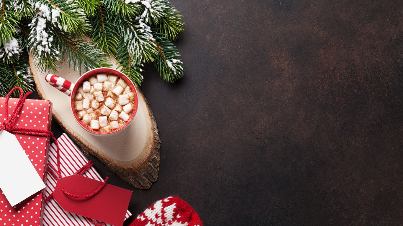 Photo New year Marshmallow Gifts Cup Food Branches 1366x768