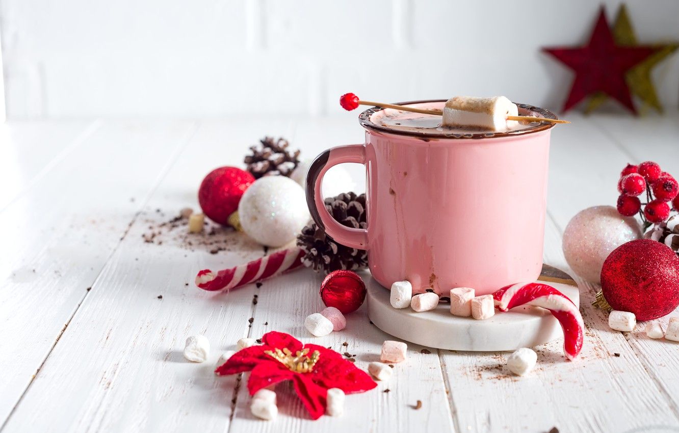 Wallpaper decoration, New Year, Christmas, mug, Christmas, cup, New Year, decoration, Merry, hot chocolate, marshmallow, marshmallows image for desktop, section новый год