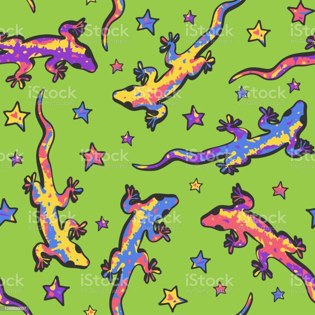 Seamless Vector Pattern With Lizards And Stars On Green Background Cute Animal Wallpaper Design For Children Fun Gecko Fashion Textile Stock Illustration Image Now