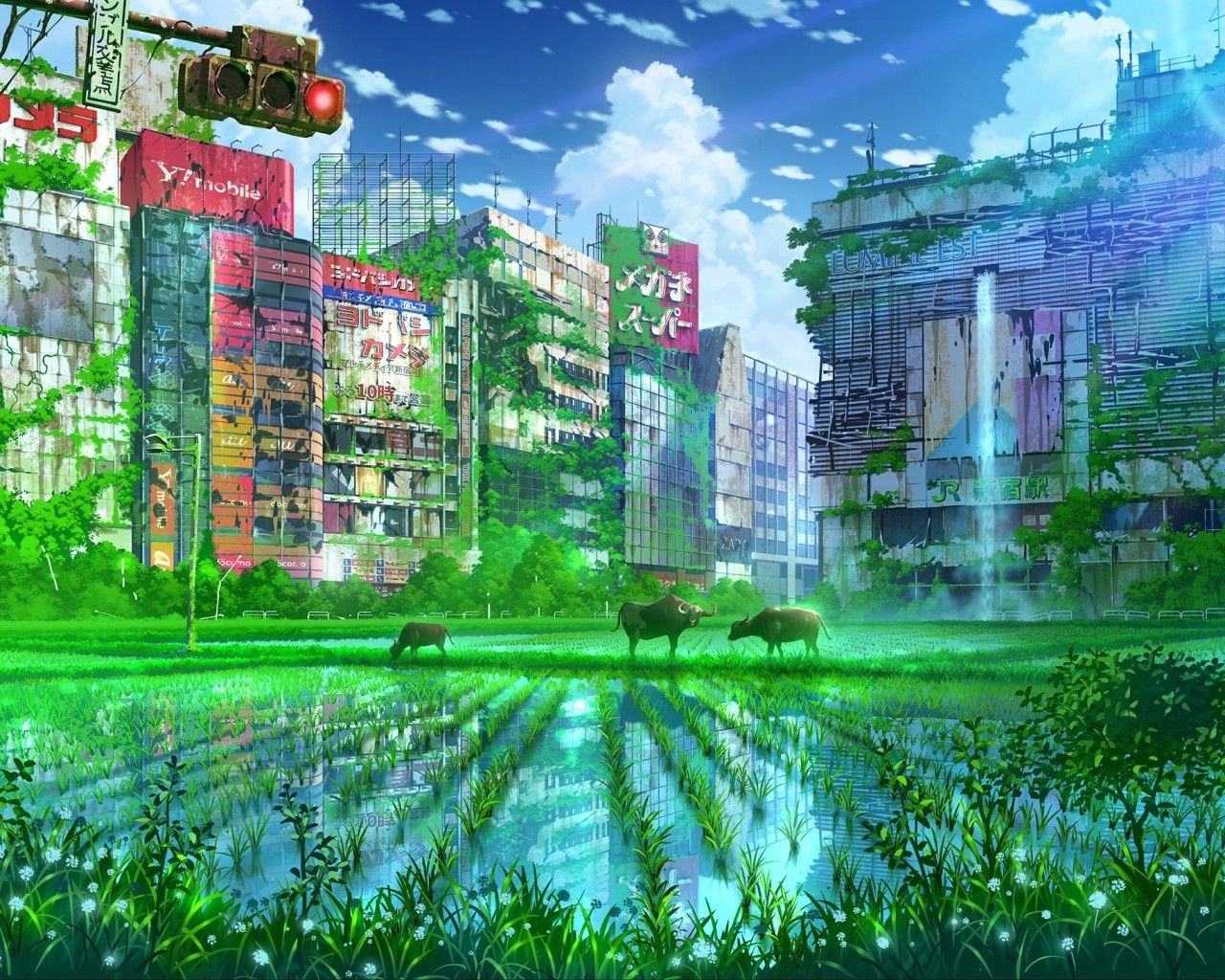 Download 1280x1024 Anime Apocalypse, Ruins, Green, Bull, Scenic, Buildings Wallpaper