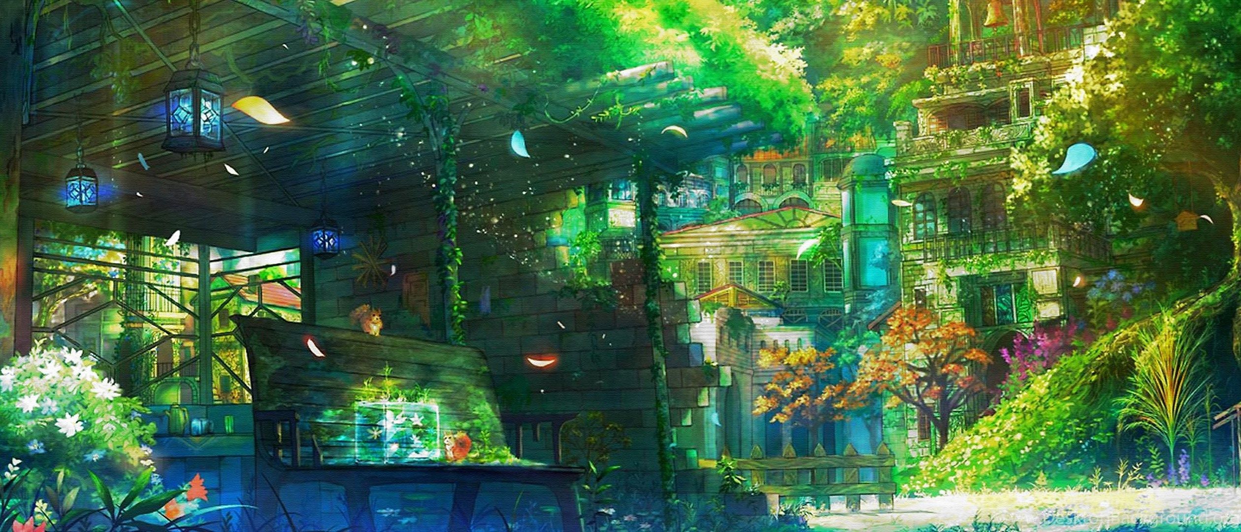 Anime Scenery Dual Screen Wallpaper Desktop Background