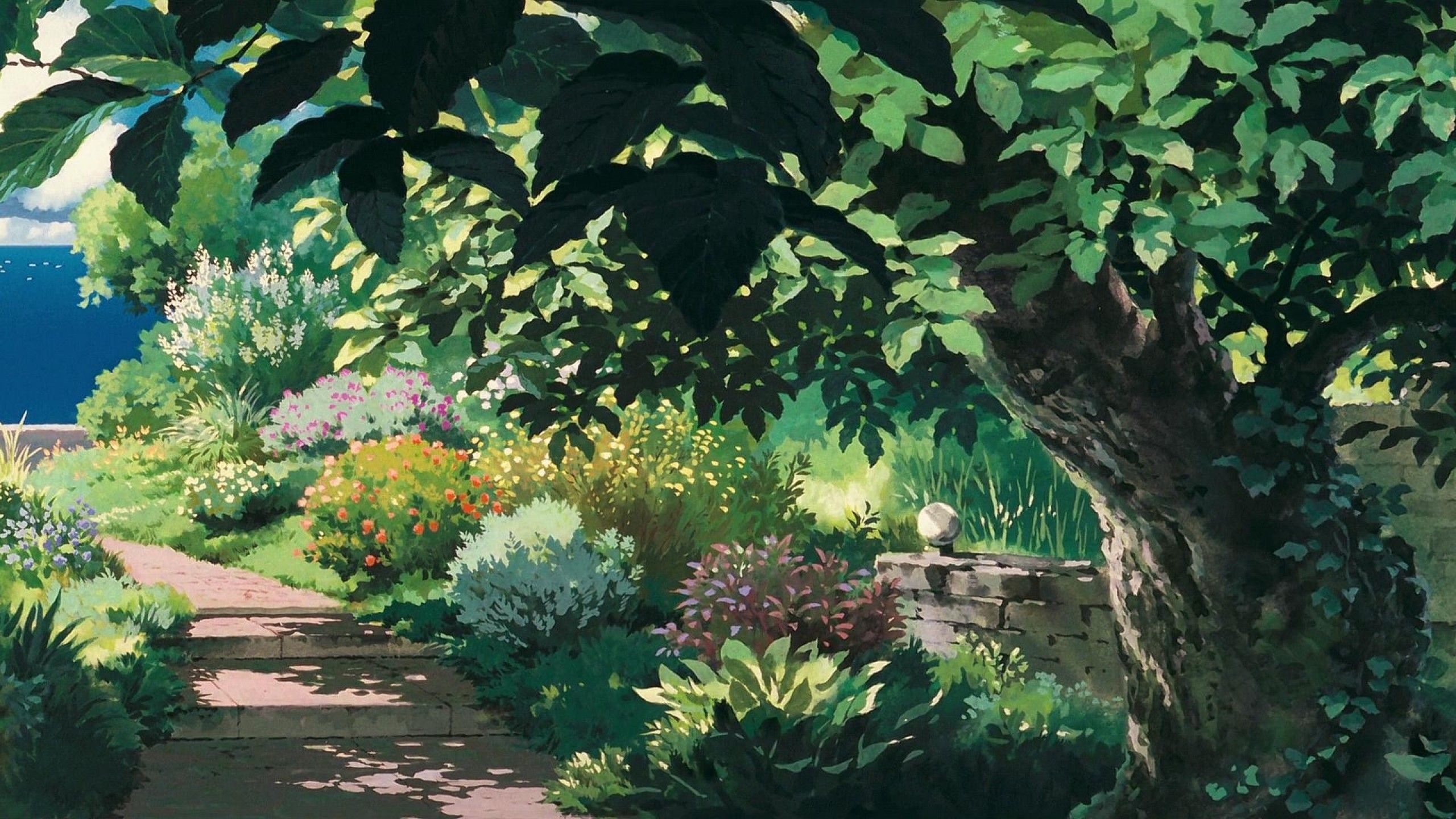 Download 2560x1440 Anime Landscape, Trees, Artwork, Scenic, Green, Foliage, Path Wallpaper for iMac 27 inch
