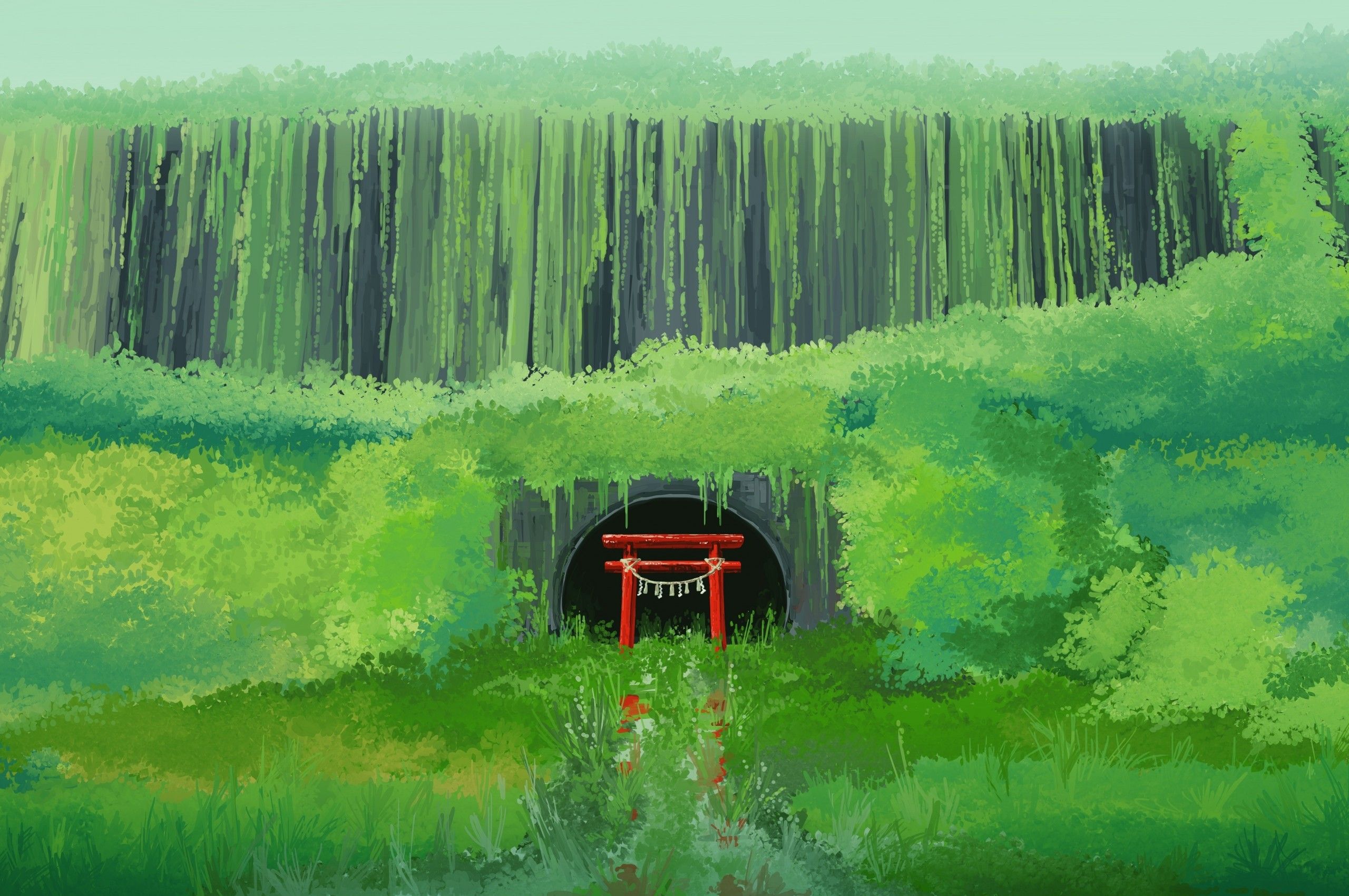 Download 2560x1700 Torii, Anime Landscape, Green, Hills, Shrine Wallpaper for Chromebook Pixel