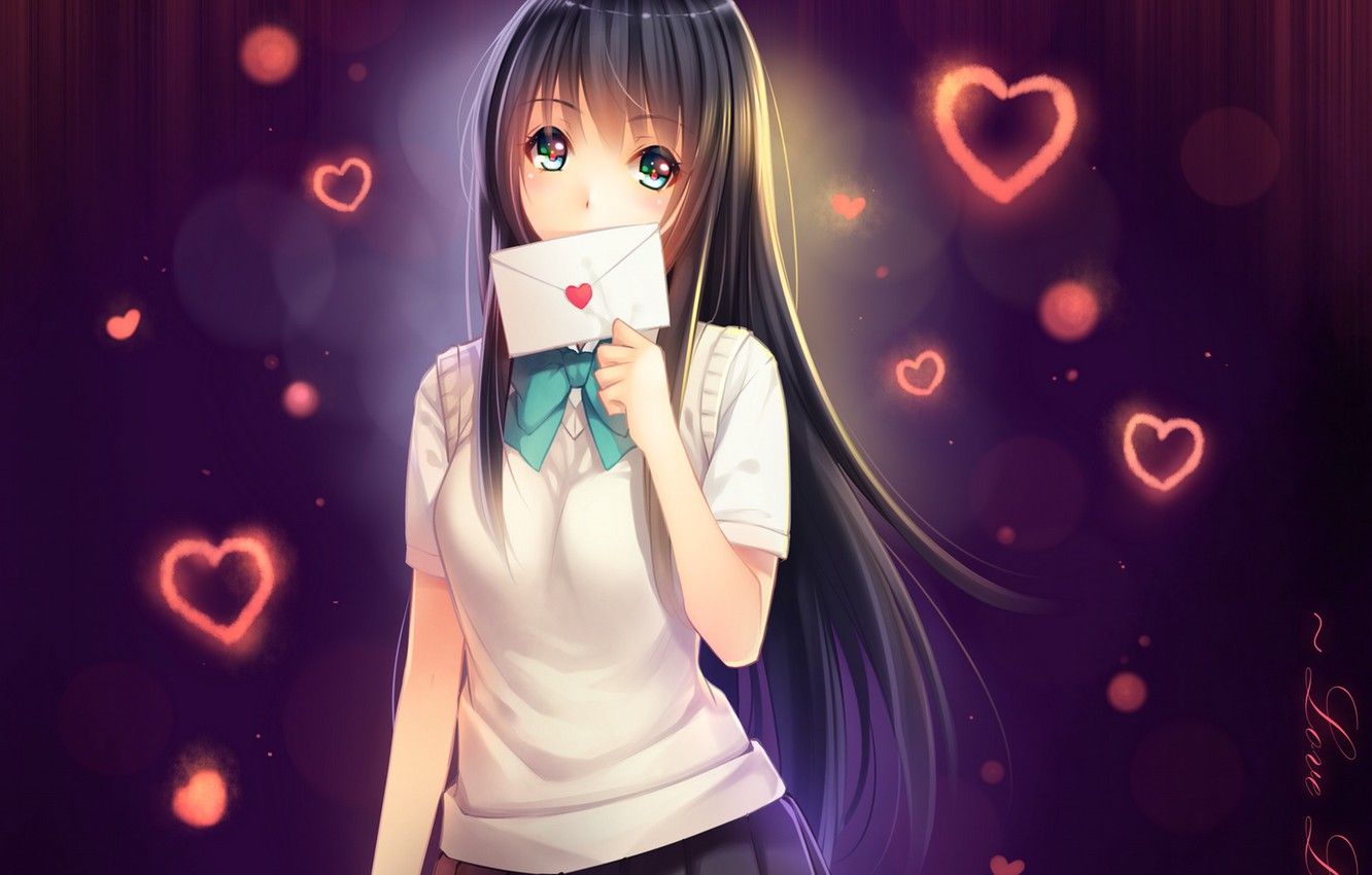 Wallpaper letter, girl, anime, art, hearts, schoolgirl, tidsean, forms image for desktop, section сёдзё
