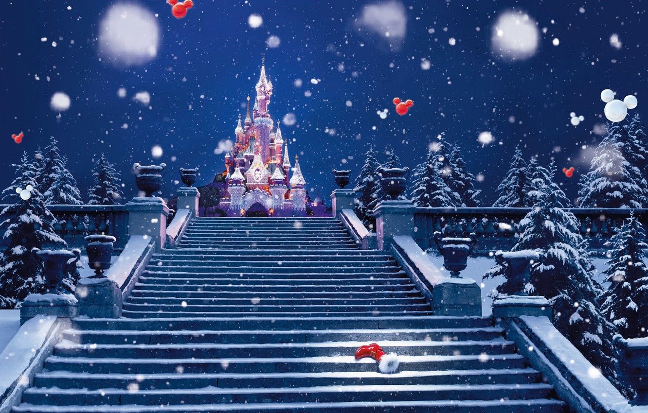 Wallpaper winter, snow, decoration, lights, castle, holiday, Paris, Christmas, Spruce, ladder, New year, stage, Paris, Disneyland, tree, Disneyland image for desktop, section новый год