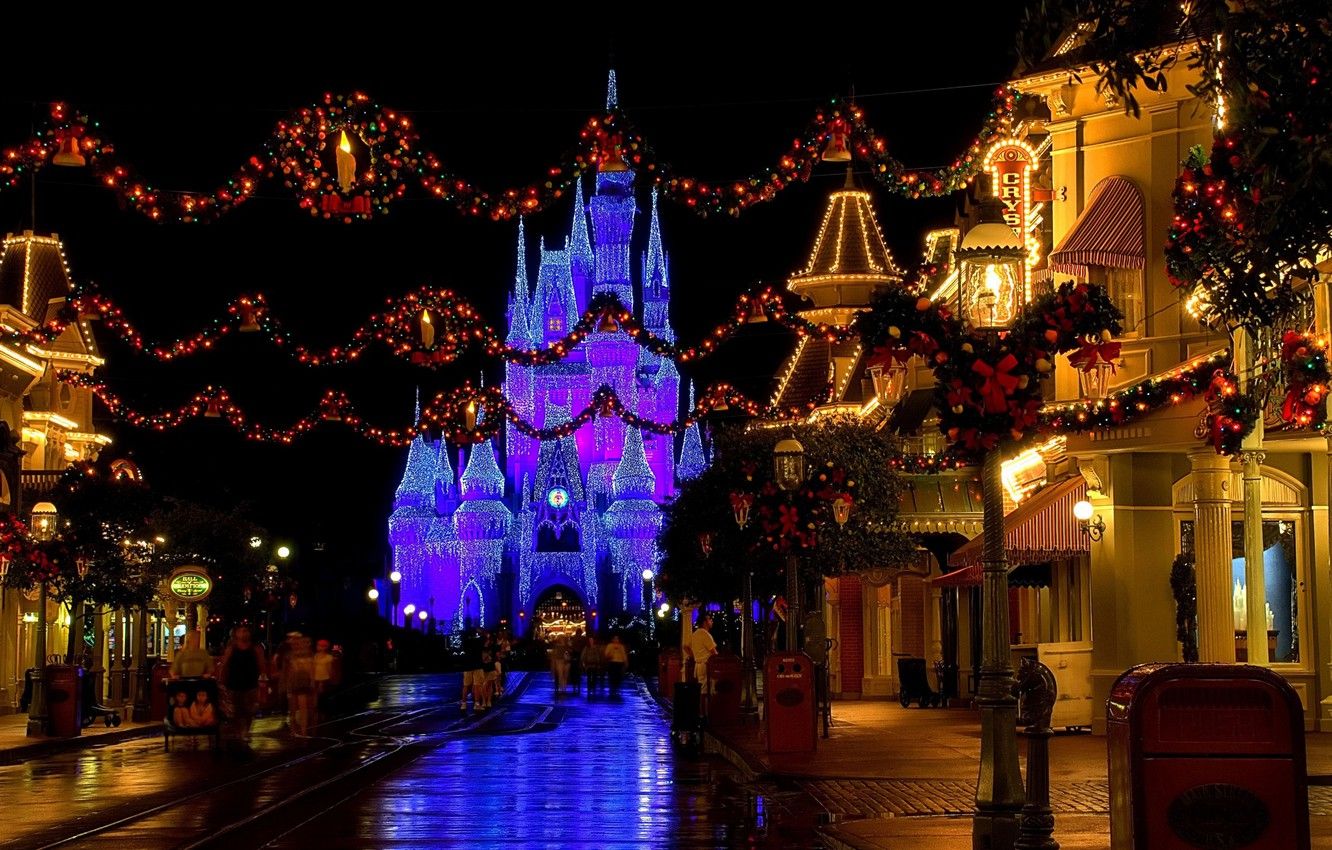 Wallpaper decoration, lights, castle, street, the evening, Christmas, USA, Disneyland, Christmas, street, castle, Disneyland, Christmas, christmas decoration, Christmas, late image for desktop, section новый год