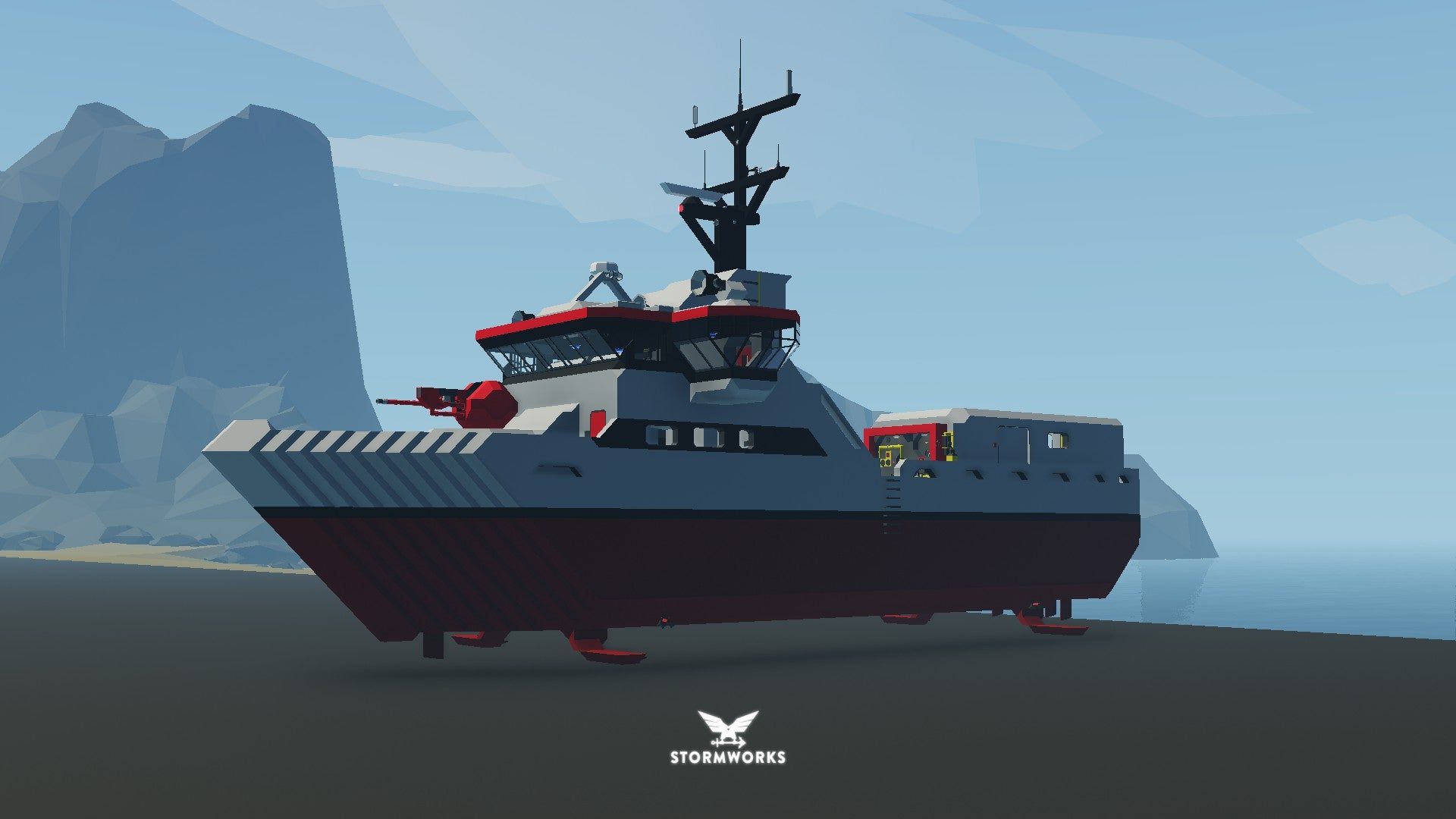 WIP My first ever ship build for stormworks, a multipurpose ship with big water canon for fire fighting needs and a top speed of 50 knots. What should i name her?