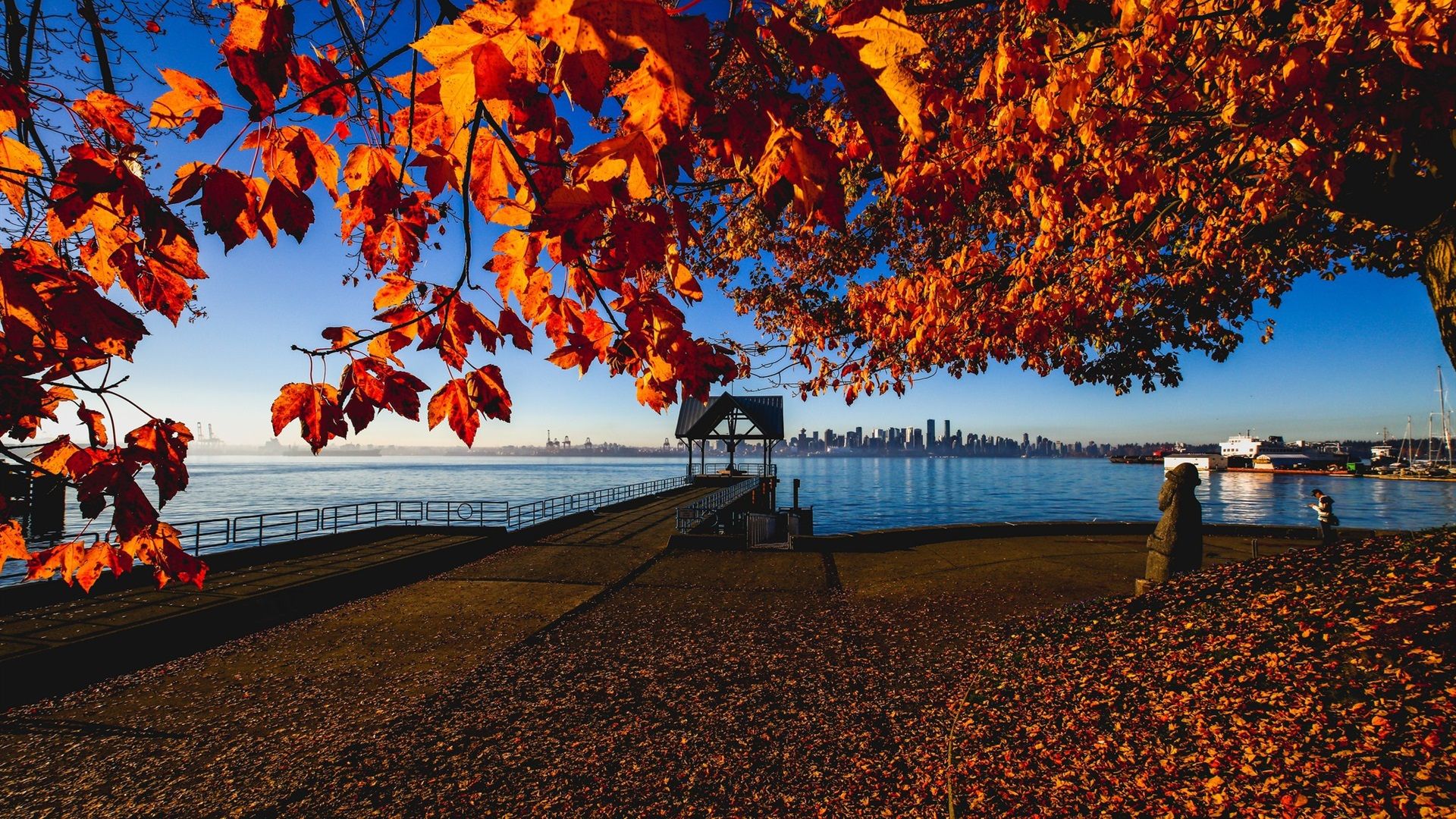 Wallpaper Canada, Vancouver, autumn, maple leaves, pier, coast 1920x1200 HD Picture, Image
