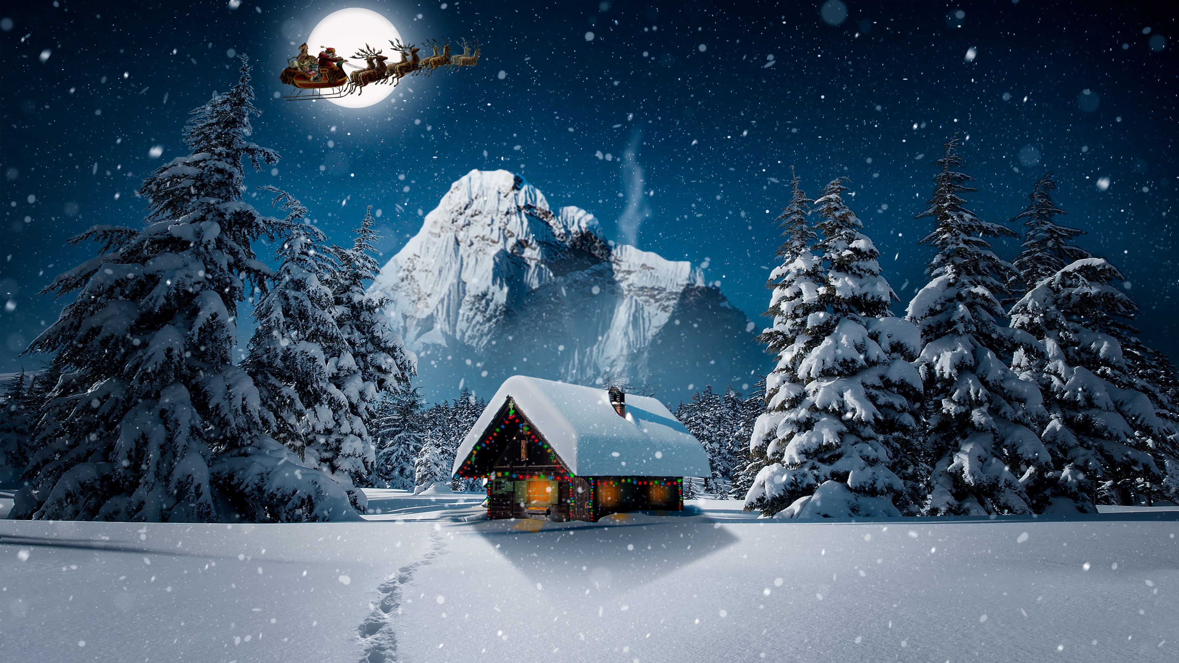 Santa Claus flies over a snowy house for Christmas Desktop wallpapers 1024x768