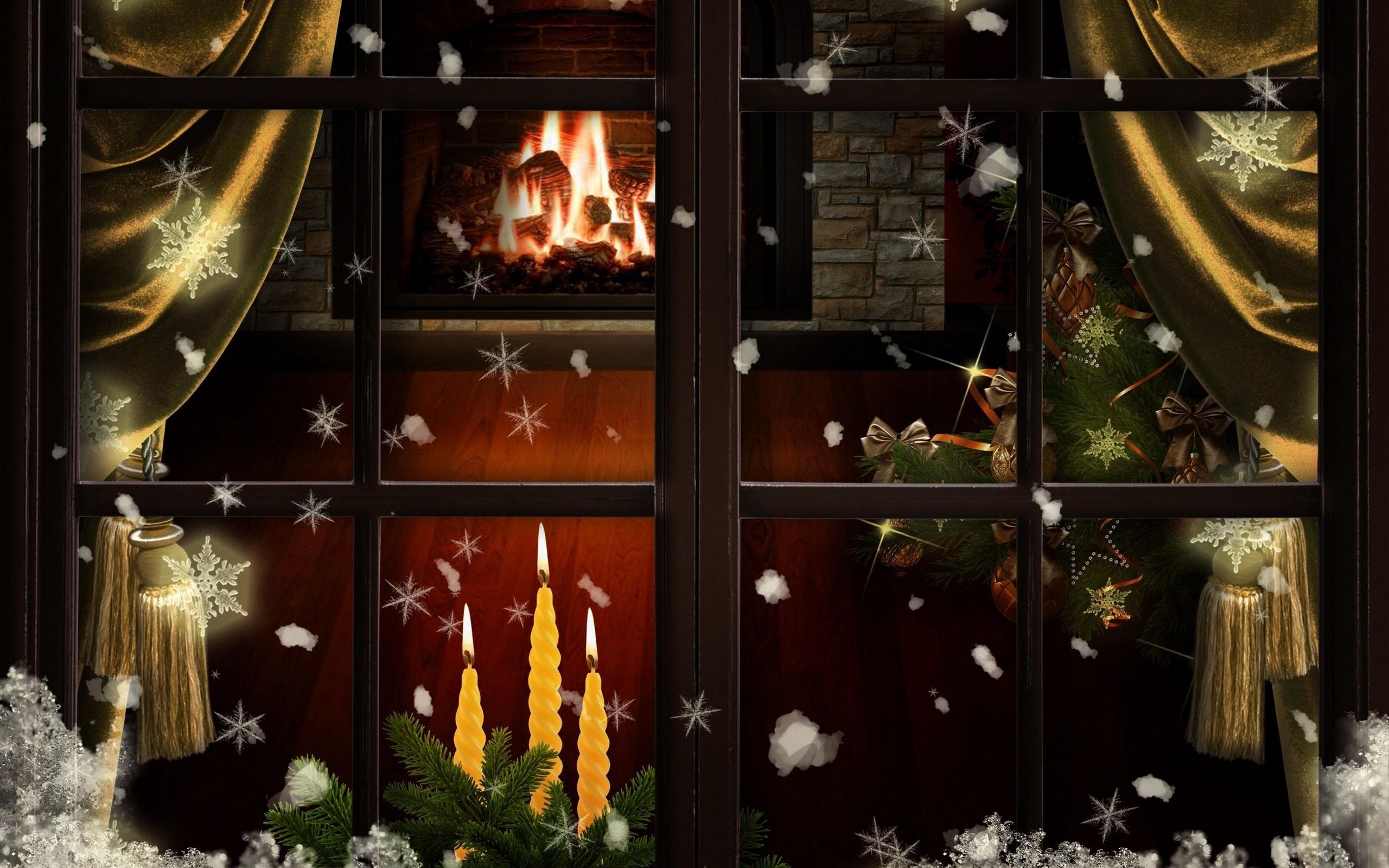 Download wallpaper 2560x1600 window, fireplace, candles, christmas tree, cozy, christmas widescreen 16:10 HD background