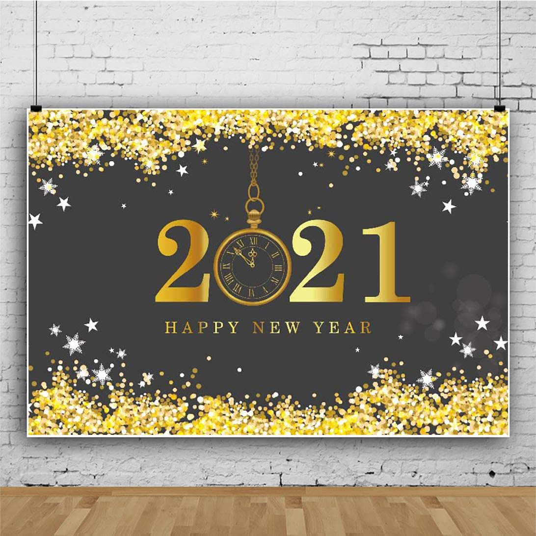 Amazon.com, Laeacco Happy New Year 2021 Backdrop Vinyl 7x5ft Golden Glitter Sequins Stars Edge 2021 Pocket Watch Dial Countdown Photography Background New Year's Eve Party Banner Child Baby Adult Portrait Shoot