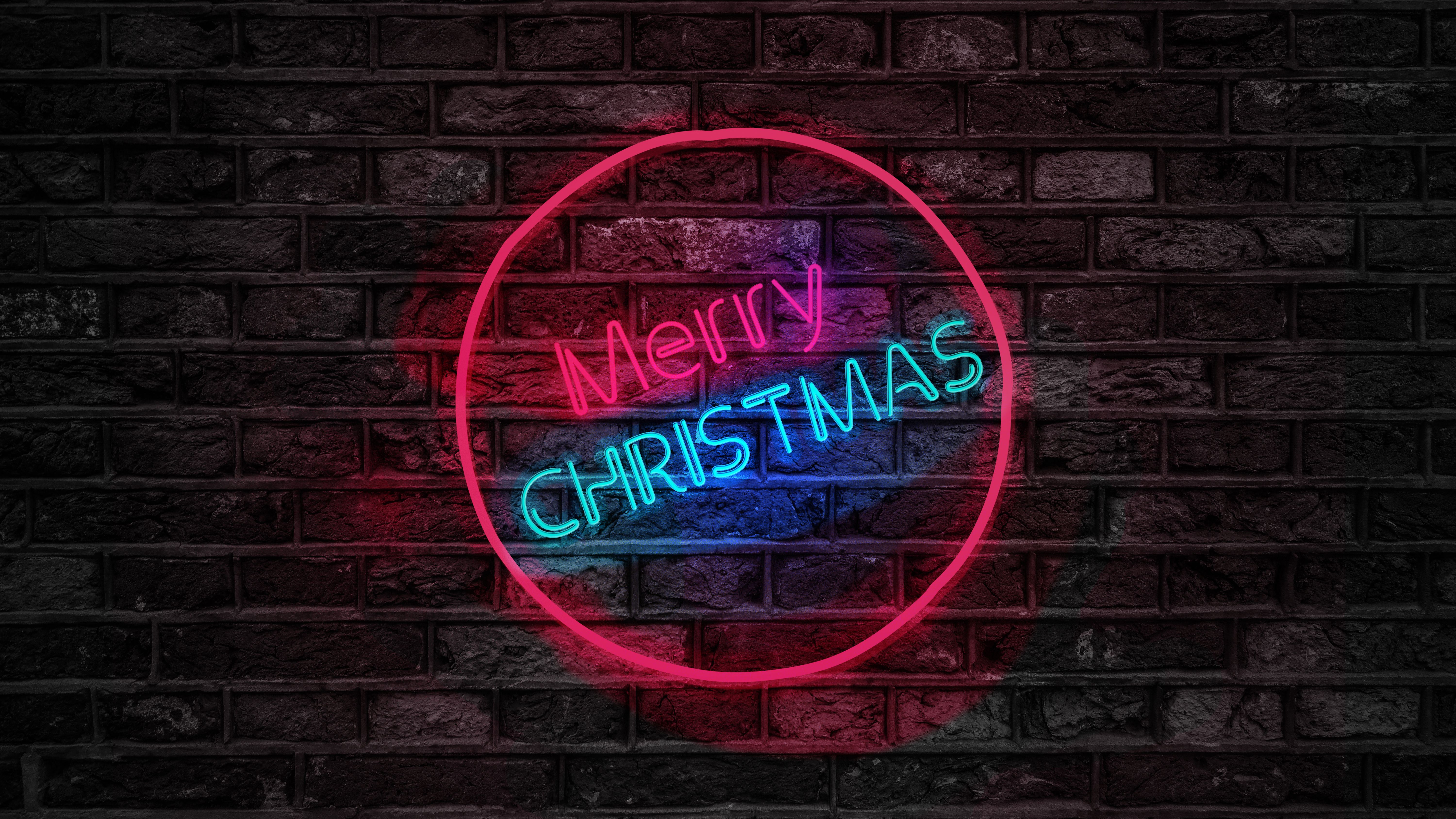 Merry Christmas Neon Sign 4K 5K Wallpaper