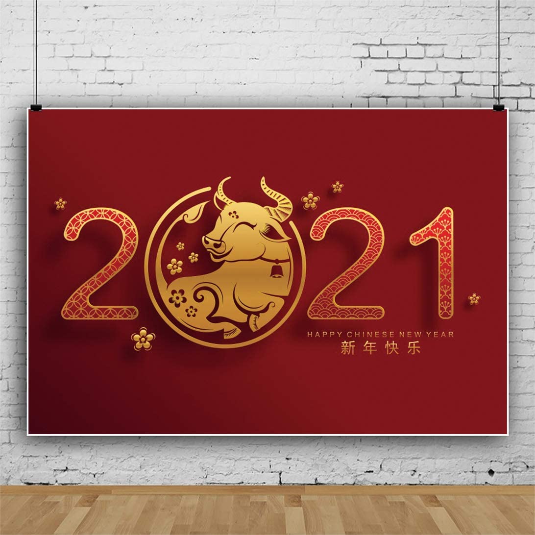 Amazon.com, Leowefowa Happy Chinese New Year Of The Ox 2021 Photography Background 5x3ft Vinyl Chinese Style Gold Cattle Flowers Paper Cut Red Backdrop New Year Party Banner Photo Booth Props Wallpaper