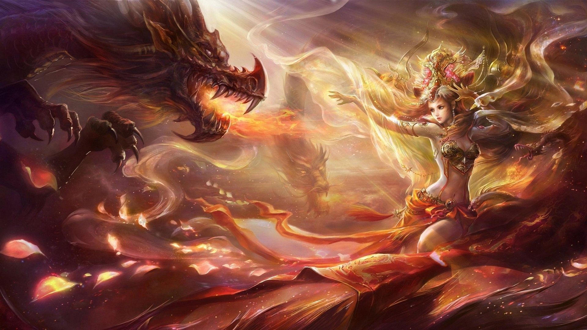 Women dragons fantasy art magic artwork flower petals soft shading 1920x1080 wallpaper free desktop background and wallpaper