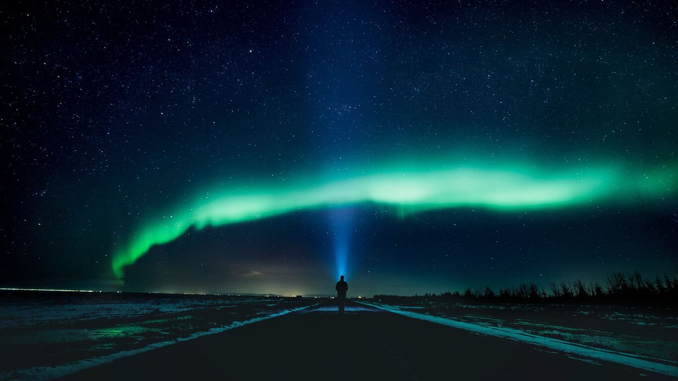 Aurora Sky Road Man Alone 1366x768 Resolution HD 4k Wallpaper, Image, Background, Photo and Picture