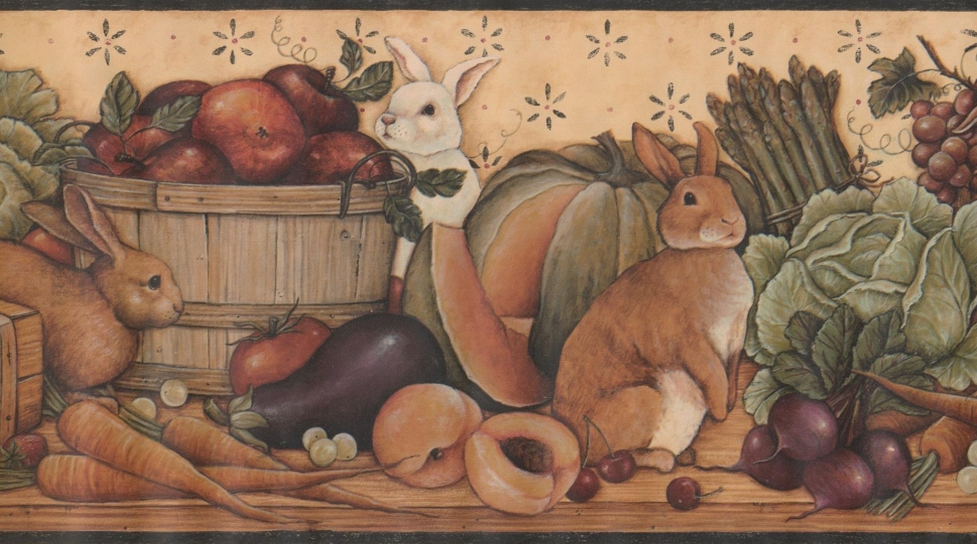 Brown White Rabbit Bunny Fruits Vegetables Basket Beige Wallpaper Border Retro Design, Roll 15' x 9