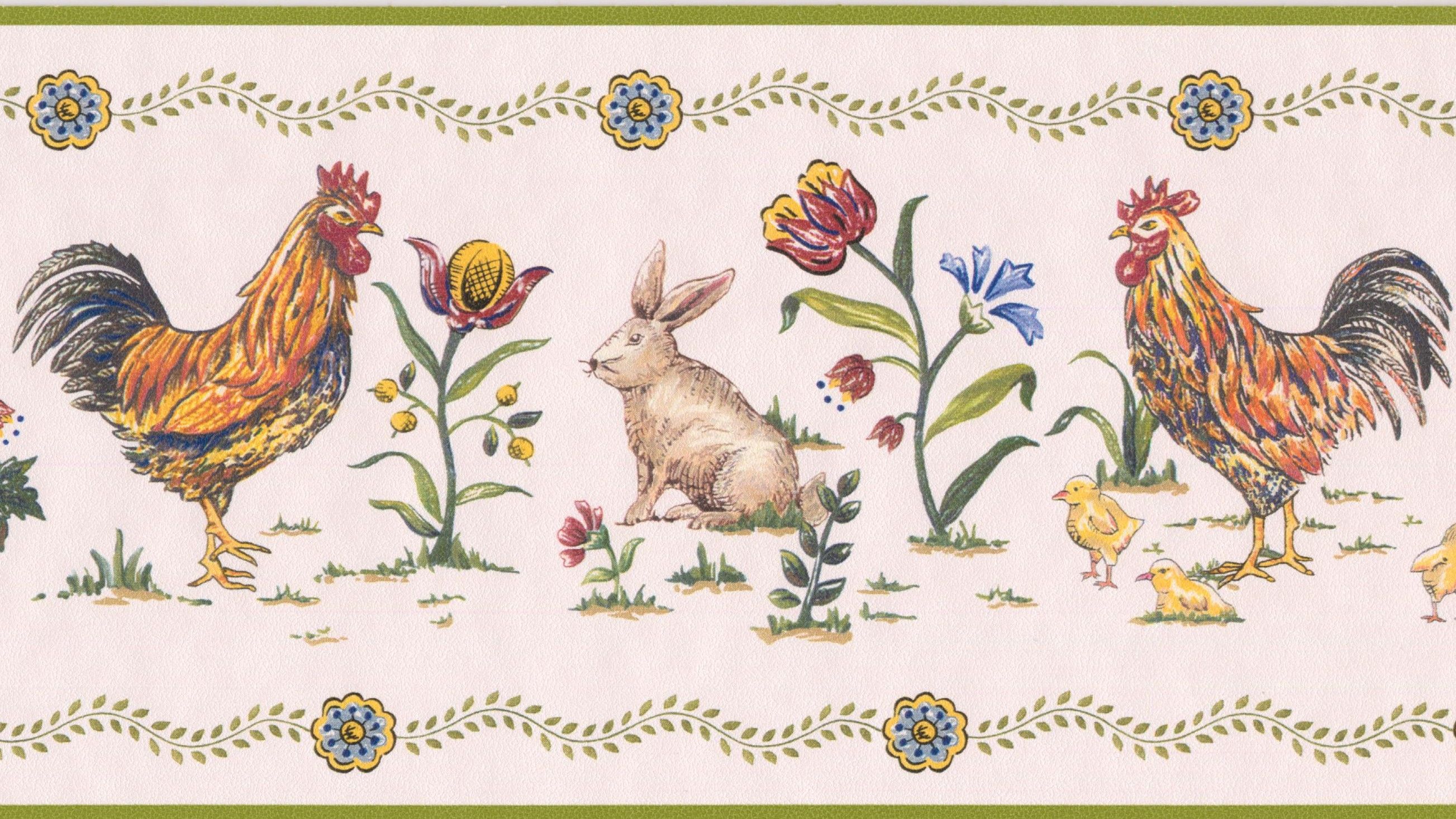 Rooster Rabbit Chick Flowers Beige Wallpaper Border Retro Design, Roll 15' x 4.87''