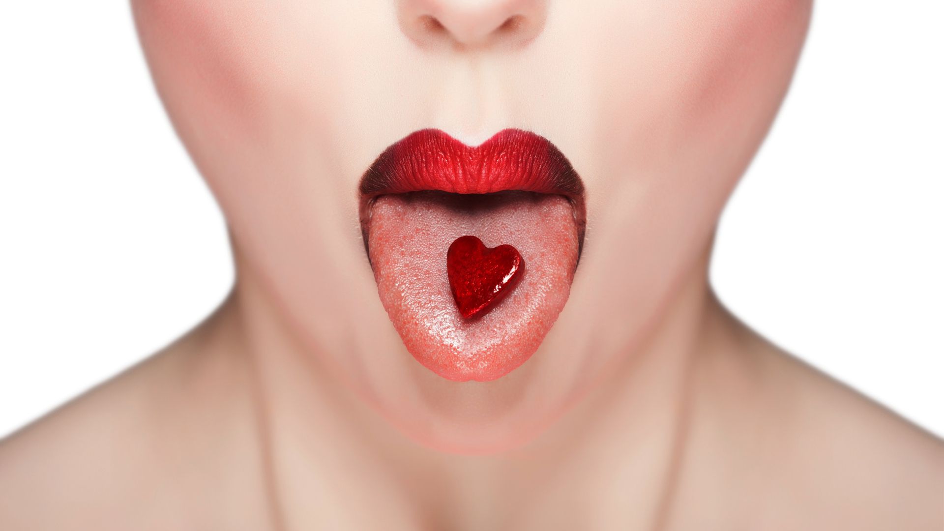 Little red heart on the girl's tongue Desktop wallpaper 1920x1080