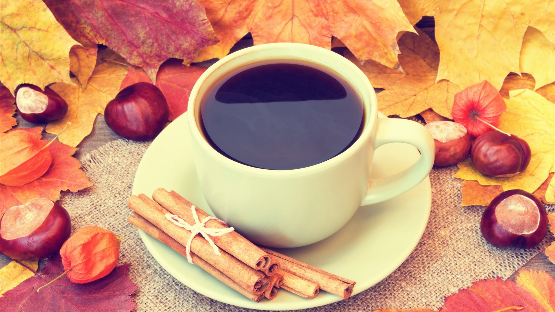 Wallpaper Cup, coffee, leaves, acorns, cinnamon, autumn 3840x2160 UHD 4K Picture, Image