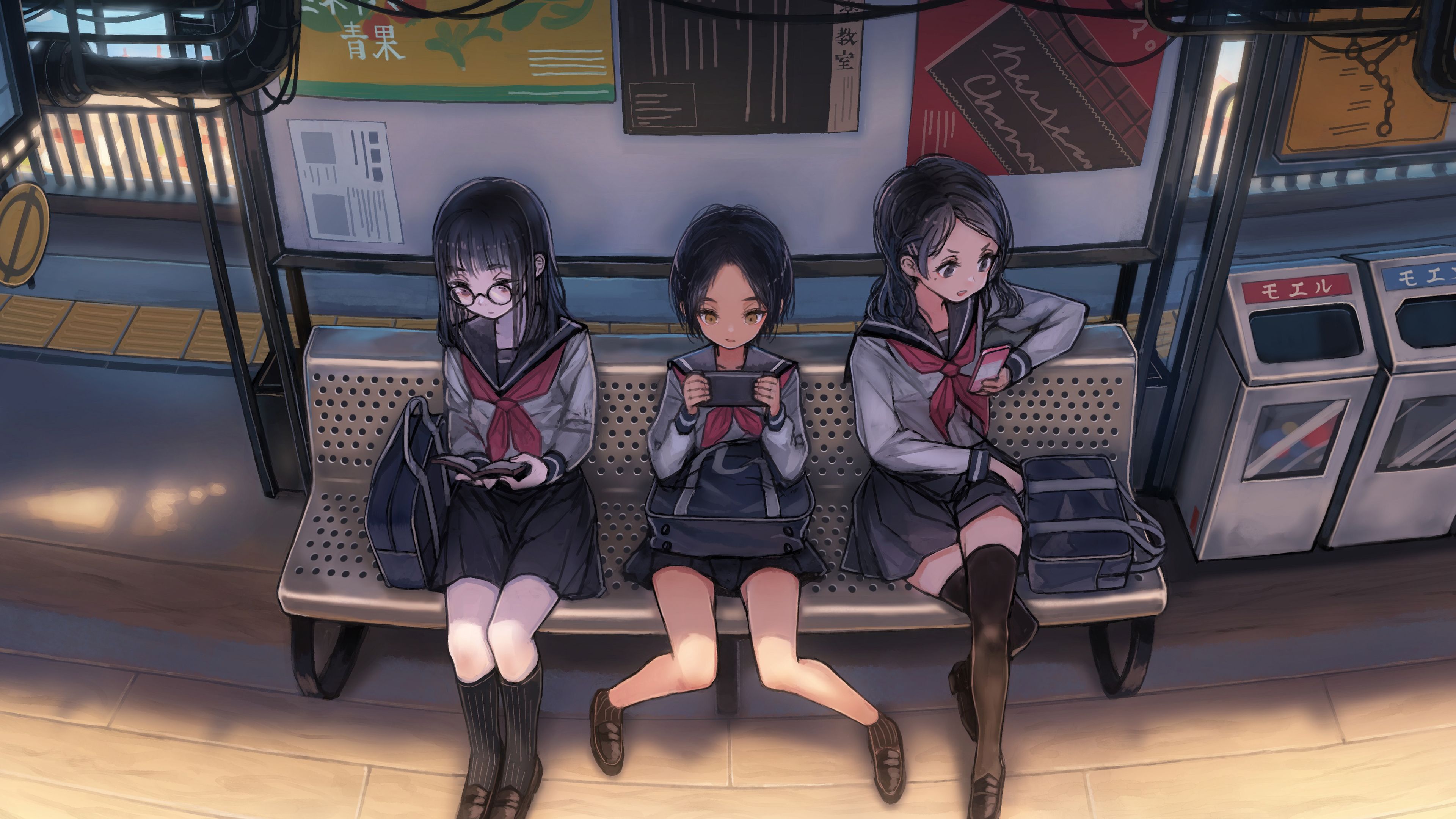 Anime Schoool Girls On Phones Waiting For Bus 4k, HD Anime, 4k Wallpaper, Image, Background, Photo and Picture